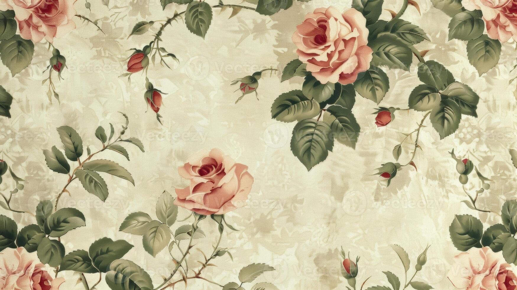 Nostalgic wallpaper with a vintageinspired pattern of English roses in a soft pink and green color scheme set against a textured cream backdrop for a charming and cozy feel photo
