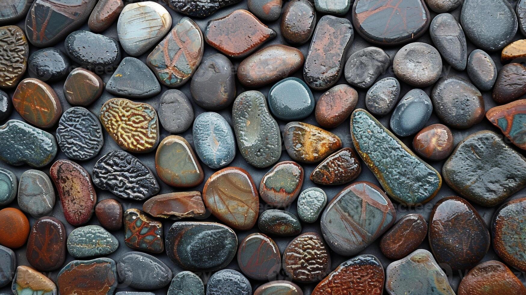 P next to each other the pebbles create a tiny mosaic of smoothness with their varying sizes and shapes interlocking like puzzle pieces photo