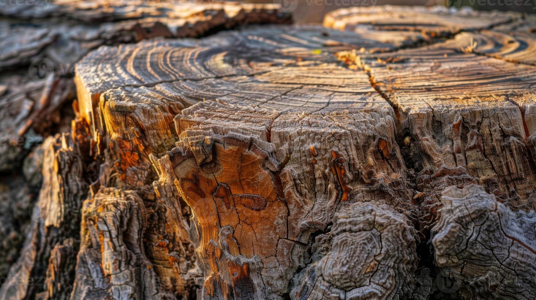 Chunks of bark are missing from the rough tree stump showcasing its natural decay and roughness photo