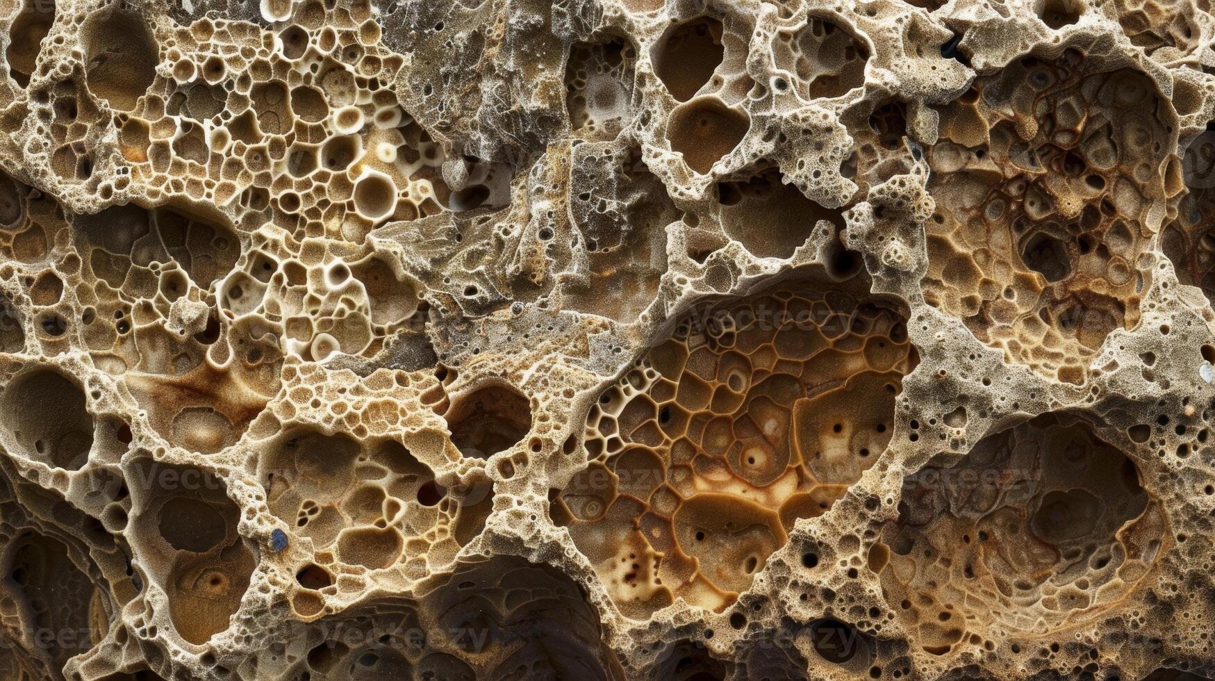 A closeup of a chunk of porous pumice stone revealing a layered and bubbly structure with varying shades of brown photo