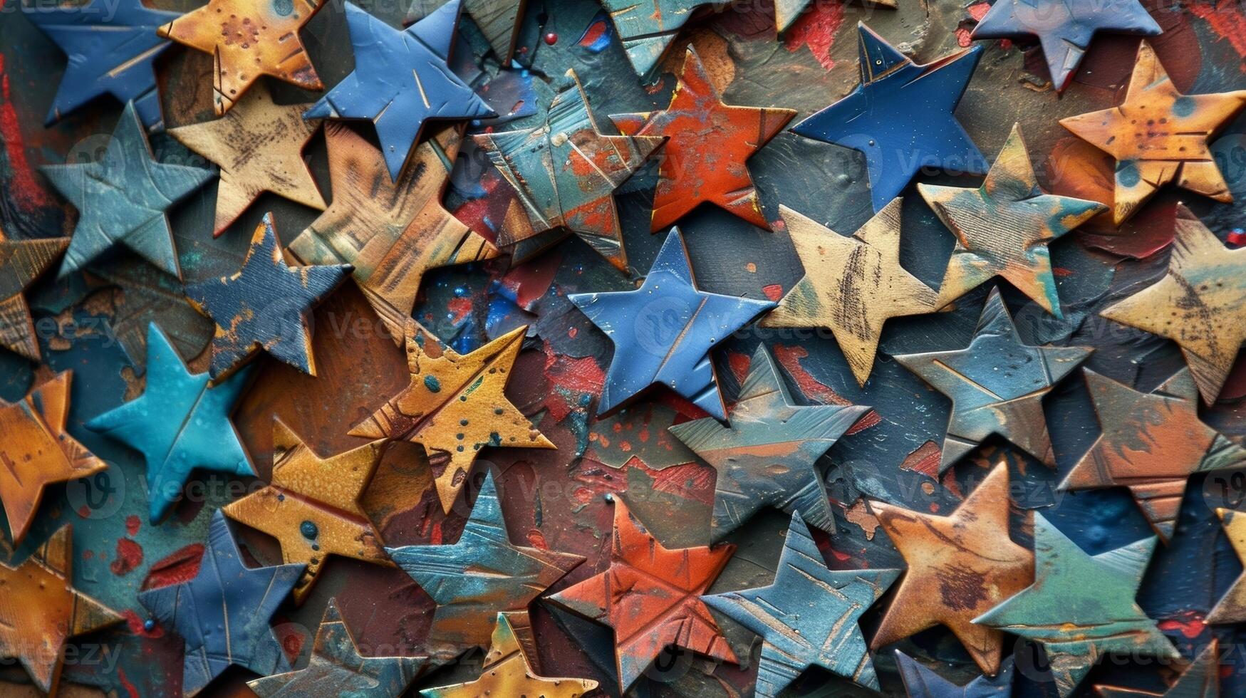 The closeup of a of star decals each one with a unique pattern and color scheme creating a dazzling display photo