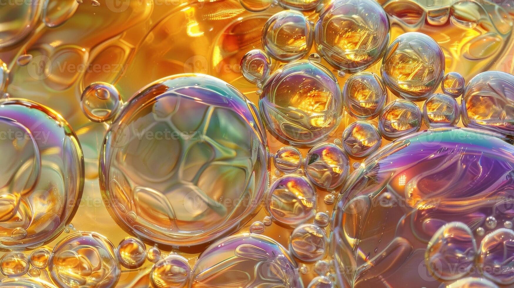 A macro shot reveals the intricate patterns and delicate swirls within each glimmering bubble photo