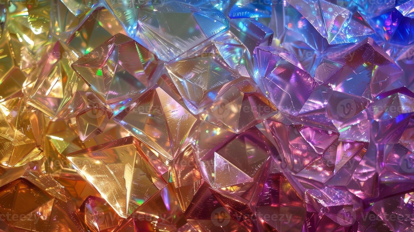 A textured surface of iridescent crystals each one reflecting a different color in the soft glow photo