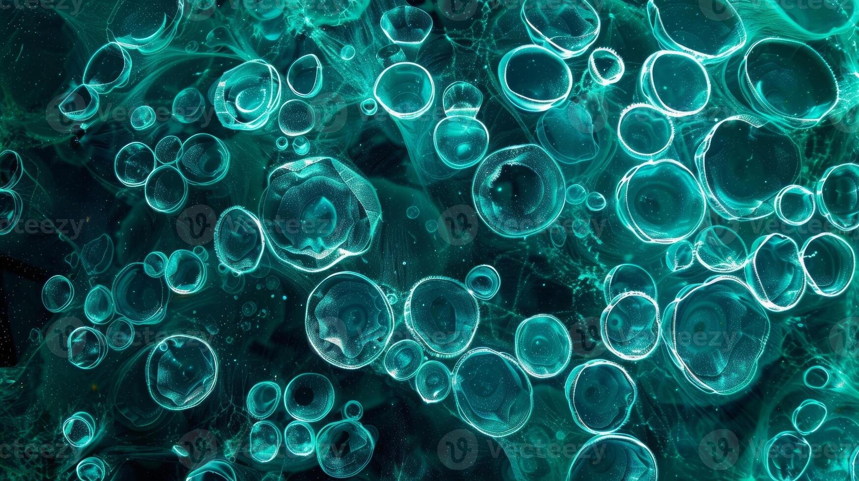In this closeup shot of bioluminescent plankton the tiny organisms appear like shimmering gems in shades of turquoise creating a dreamy underwater landscape photo