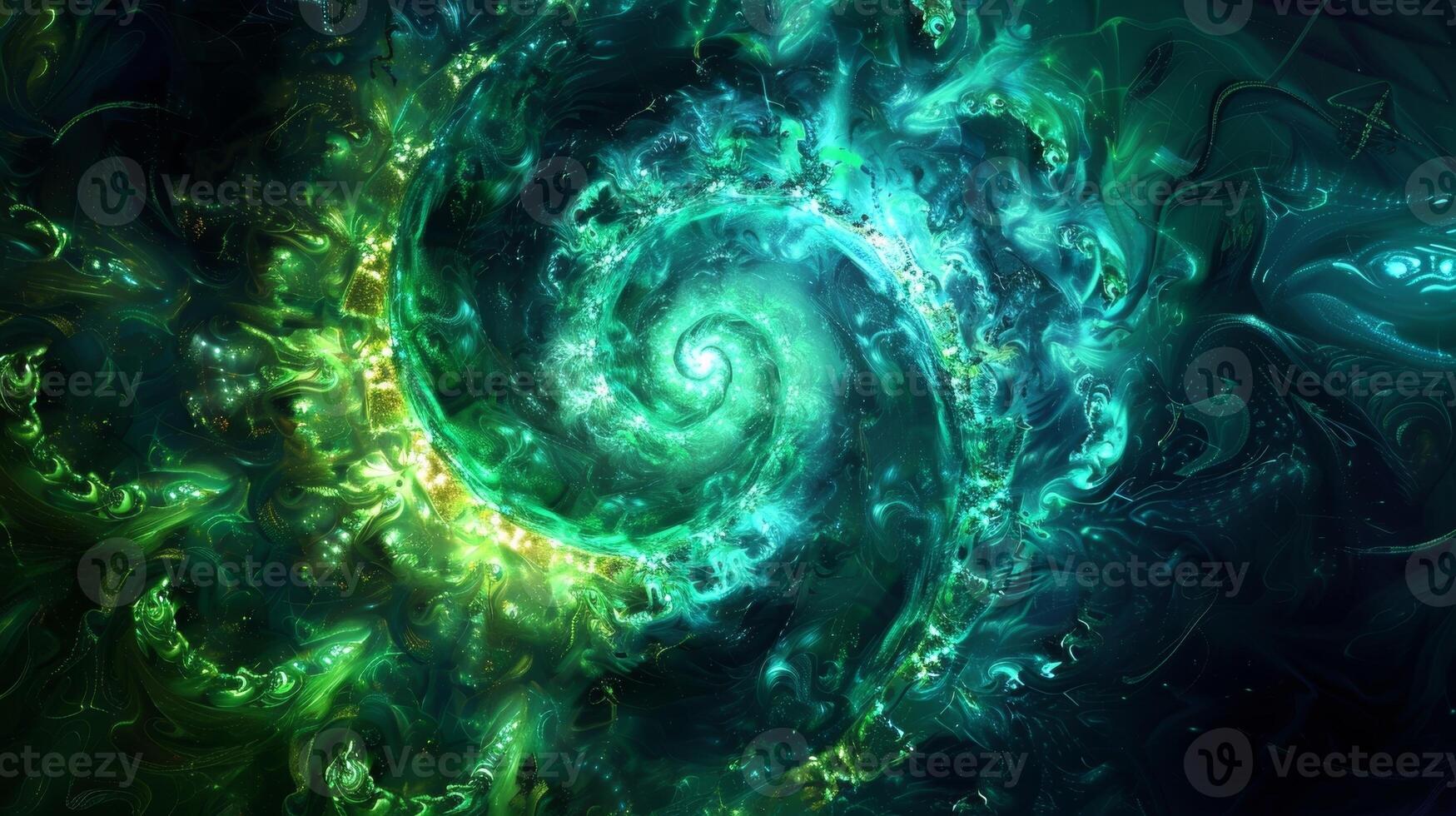 A mesmerizing blend of glowing green and blue spirals resembling a swirling galaxy photo
