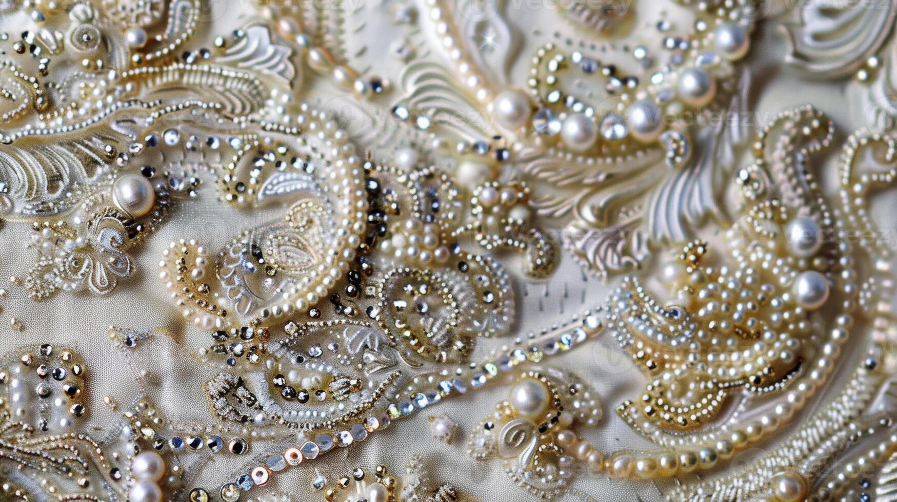 Sparkling beads and sequins adding dimension to the embroidered fabric photo