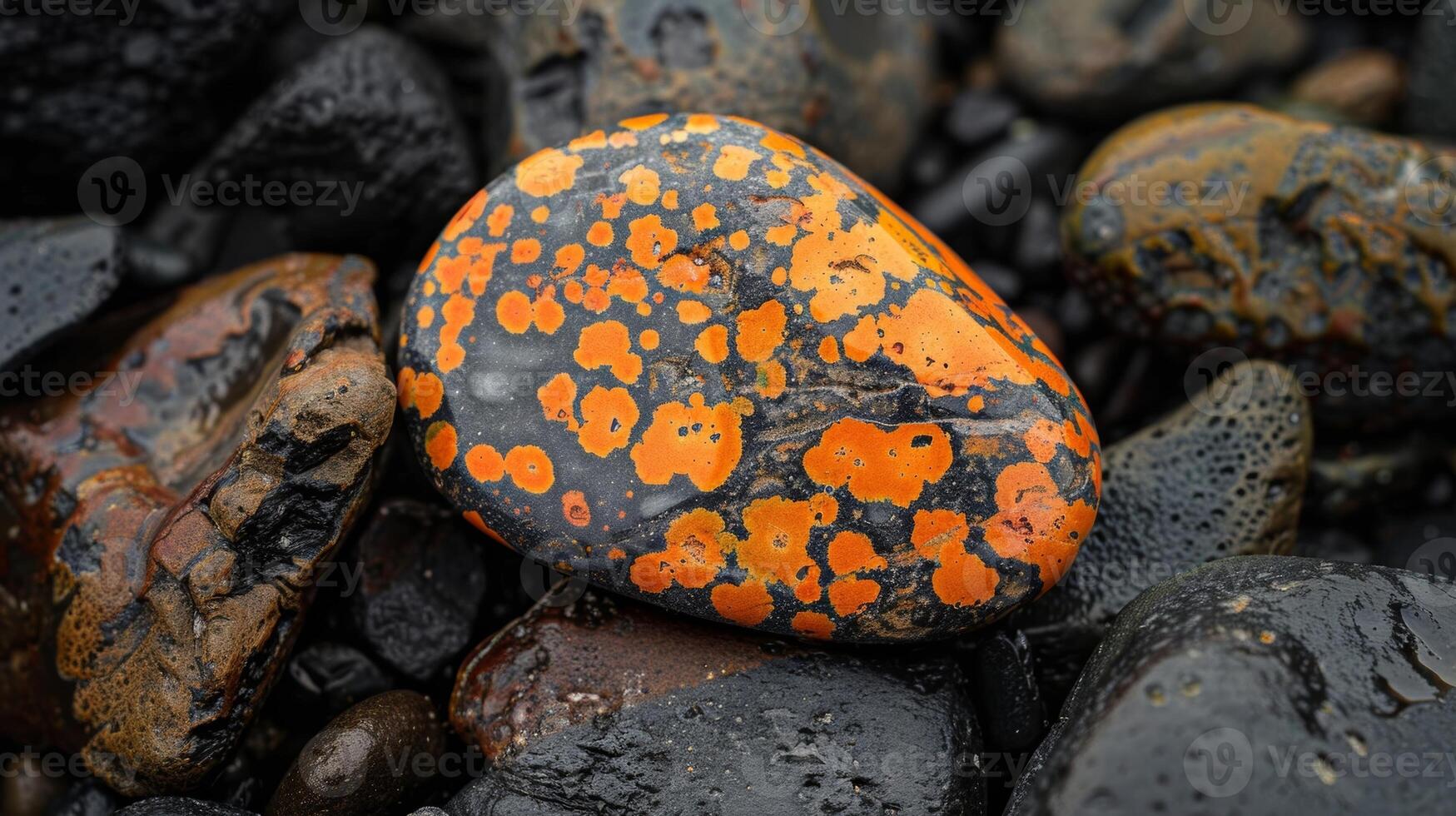 A tiny pebble is covered in a patchwork of glowing orange speckles giving it a fiery and energetic texture photo