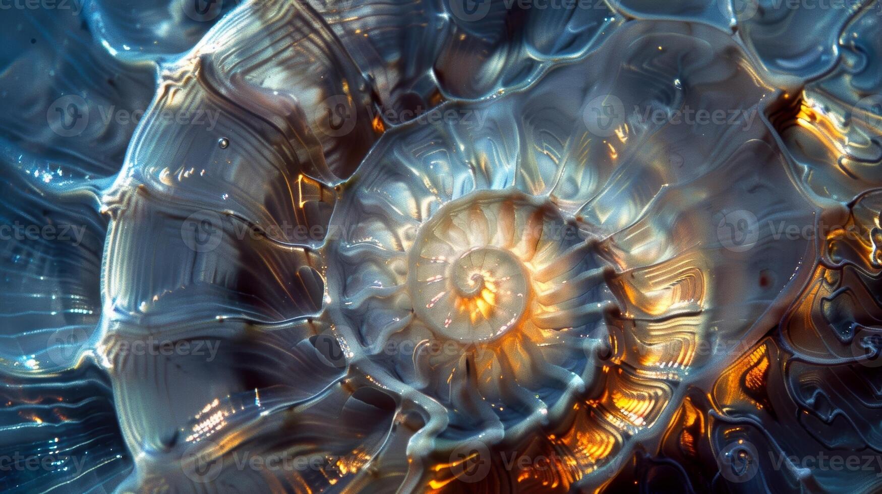 The intricate detailed patterns of a luminescent seashell with each curve and line glowing softly and reflecting different shades of light photo