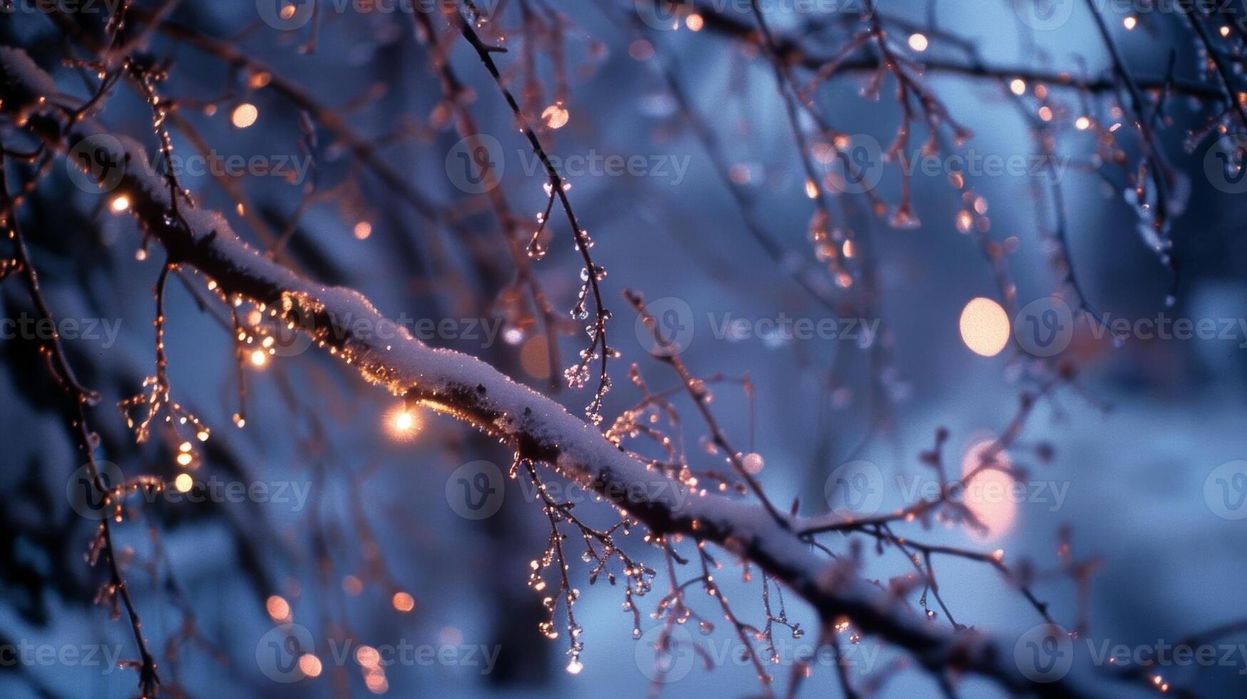 A tight view of a snowcovered tree branch the snowflakes hanging from it giving off a soft glow in the winter night photo