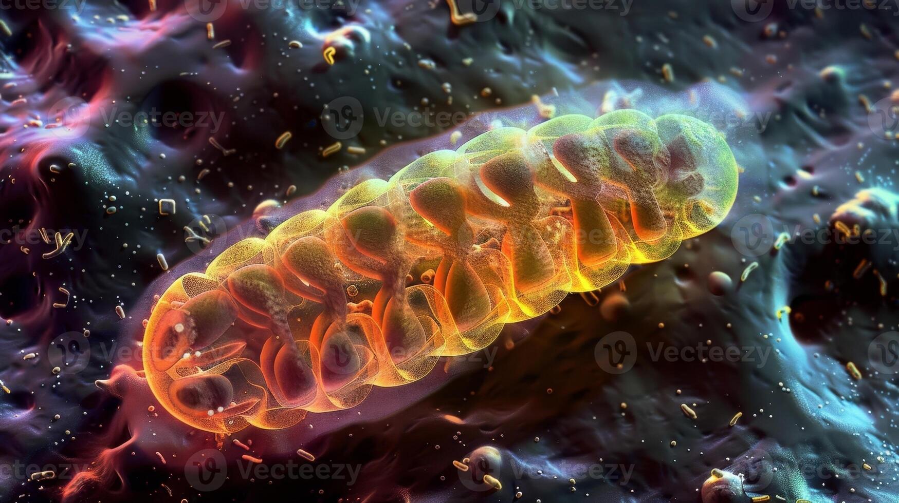A scanning electron microscopy image of a mitochondrion revealing its complex structures and distinctive cristae where cellular respiration takes place photo