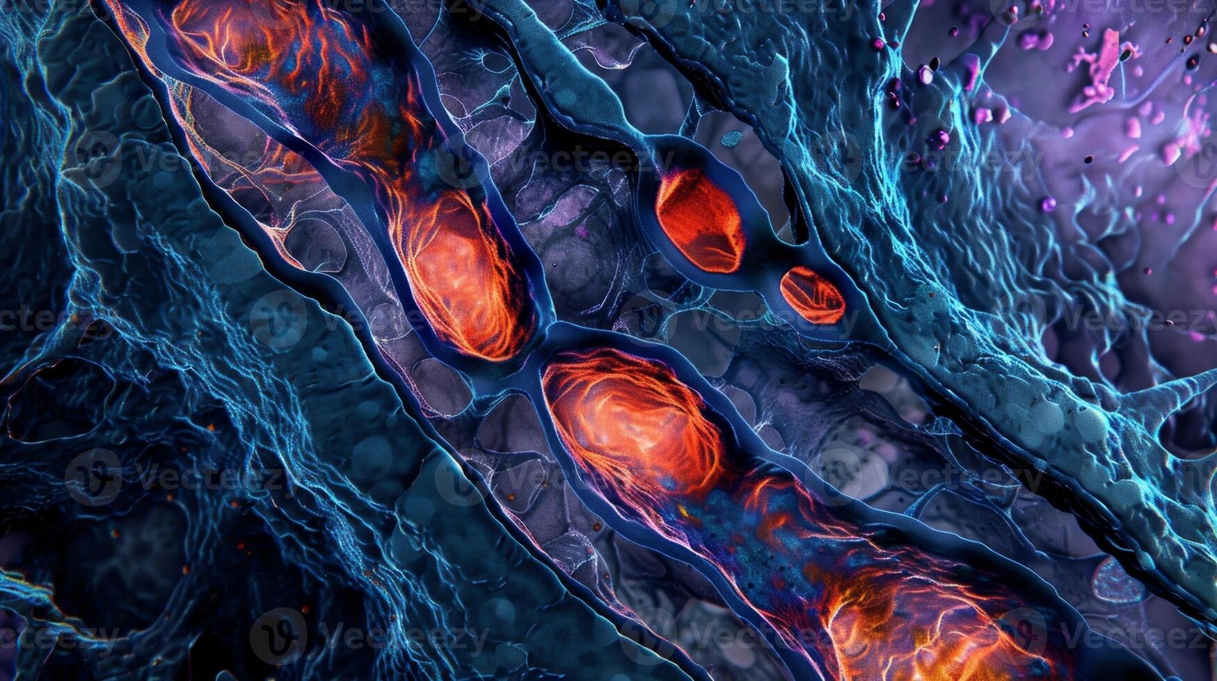 A section of diseased cardiac muscle cells with irregularities and scar tissue disrupting their normal functioning photo