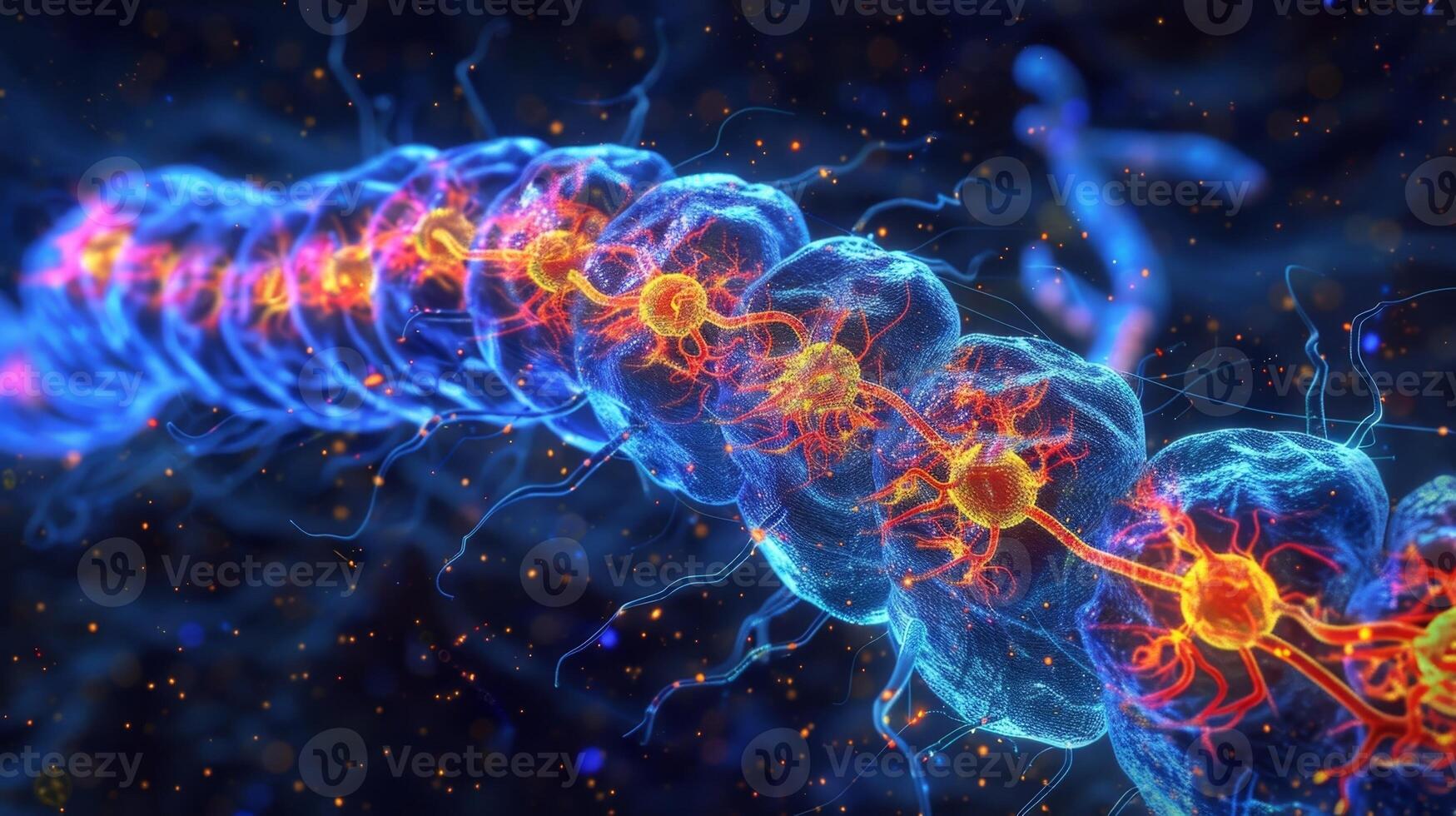 A fluorescent microscopy image of mitochondria along a nerve cell demonstrating their crucial role in providing the energy necessary for nerve impulses and communication photo