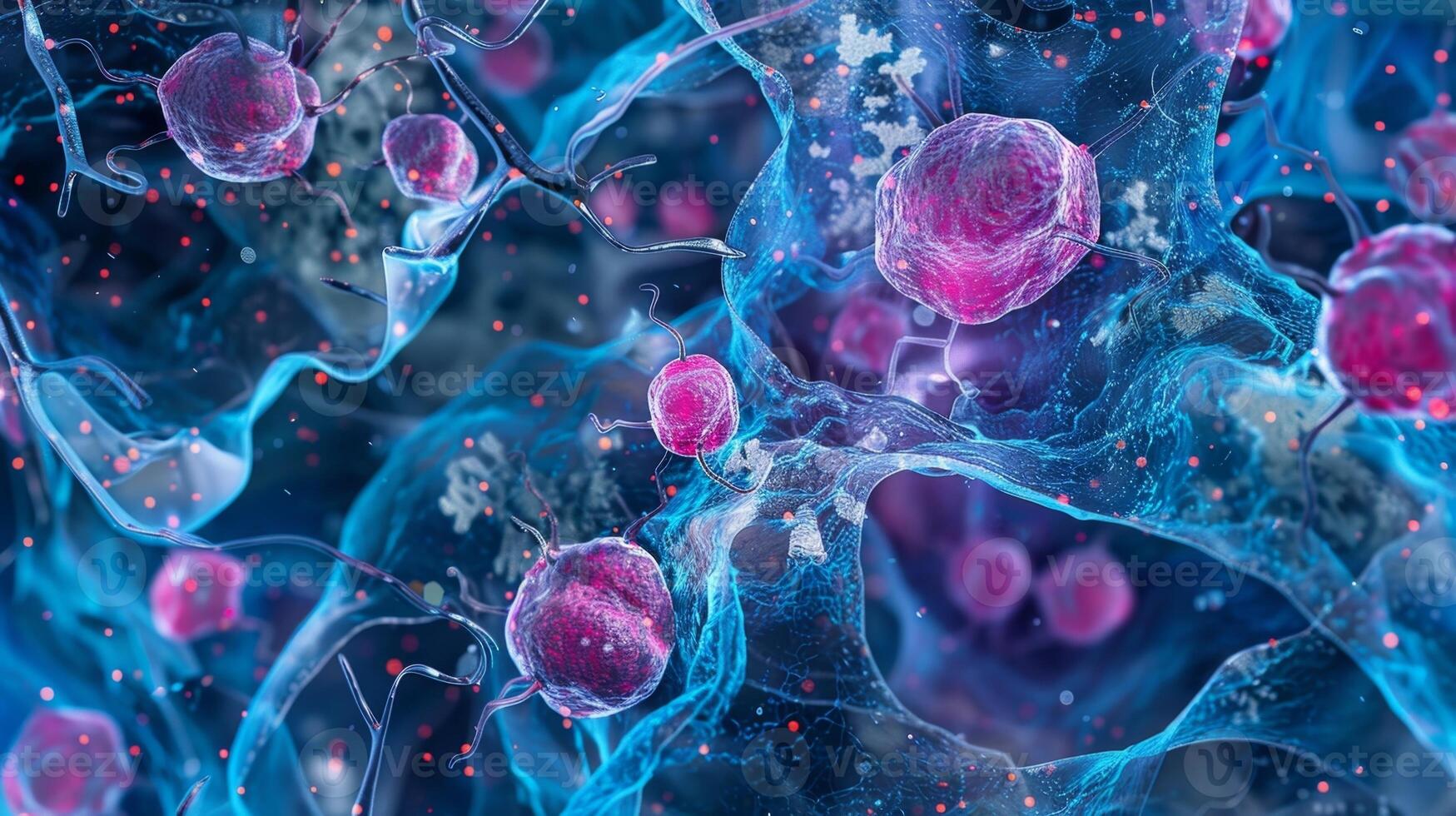 A microscopic view of hepatocytes surrounded by a network of vessels showcasing their important role in filtering and processing photo