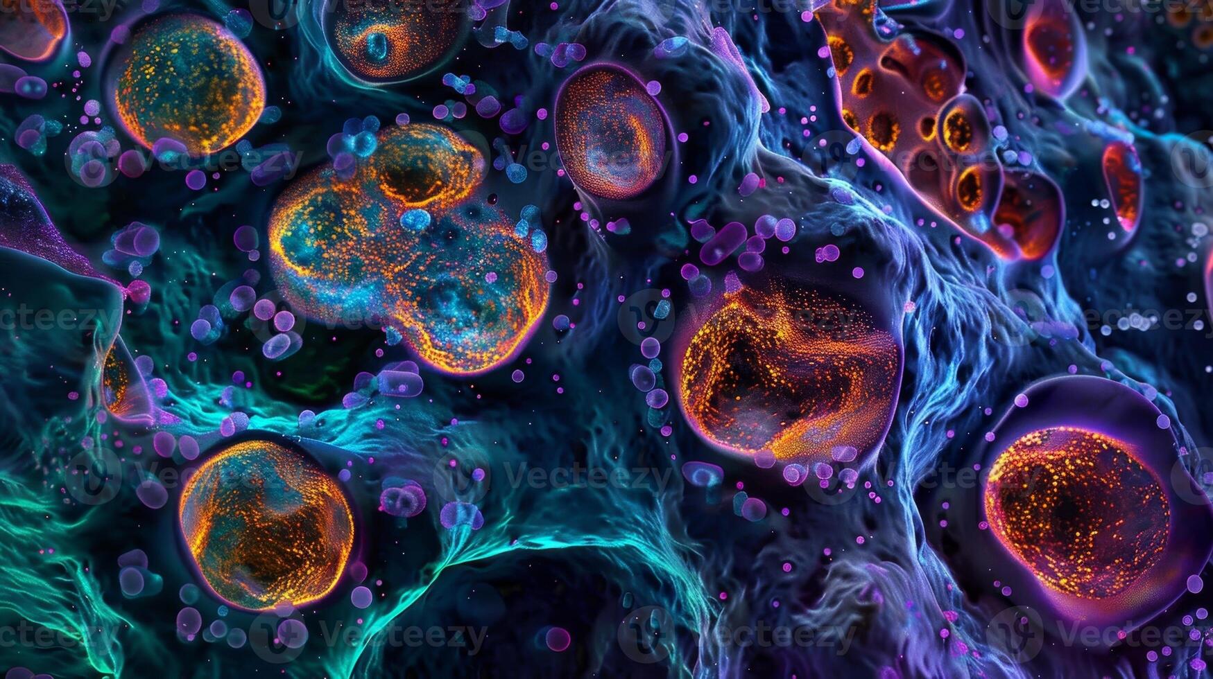Osteoclasts differentiated from monocytes can be identified in this image by their characteristic multinucleated appearance and numerous lysosomal vesicles photo