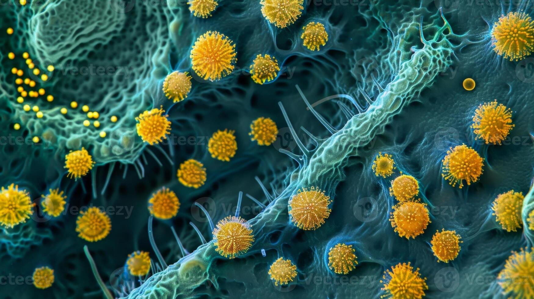 Microvilli on the surface of villi further increasing the area available for nutrient absorption photo