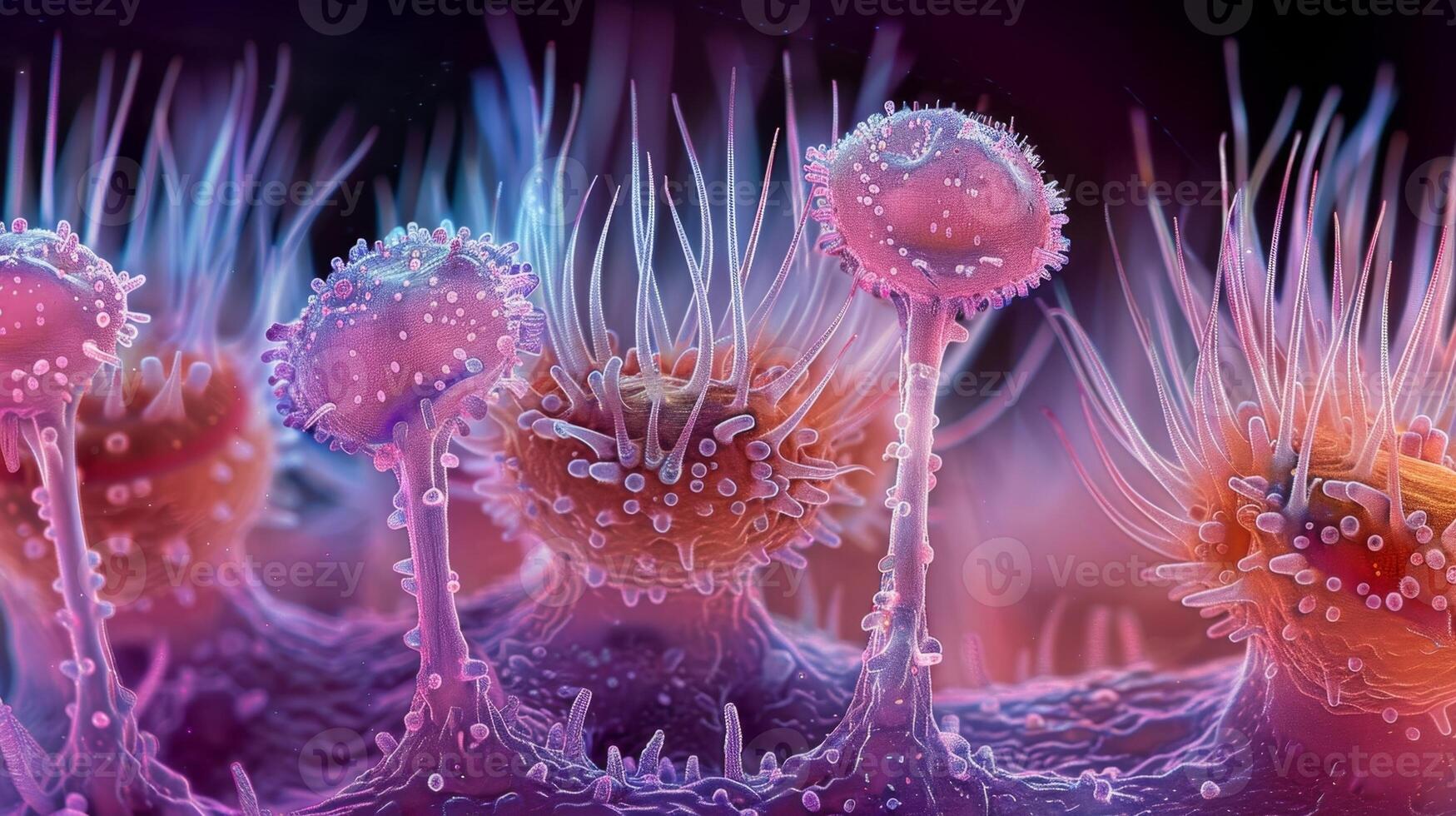 High magnification image of taste receptor cells each with its own hairlike structure extending into the surrounding saliva photo