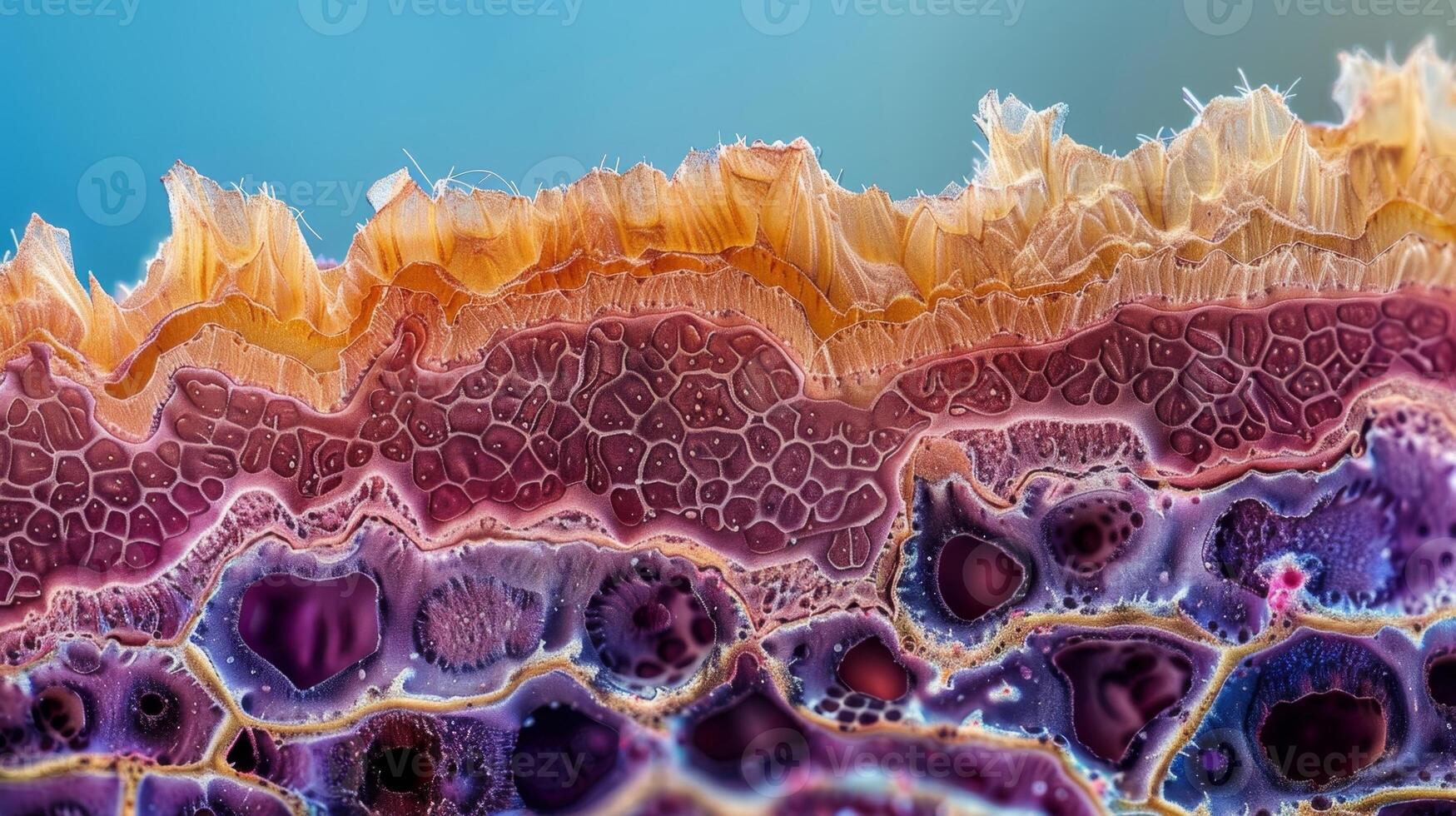 A crosssection of a hair follicle showing the layered structure of epidermal cells sebaceous glands and the tiny papilla from which hair fibers emerge photo