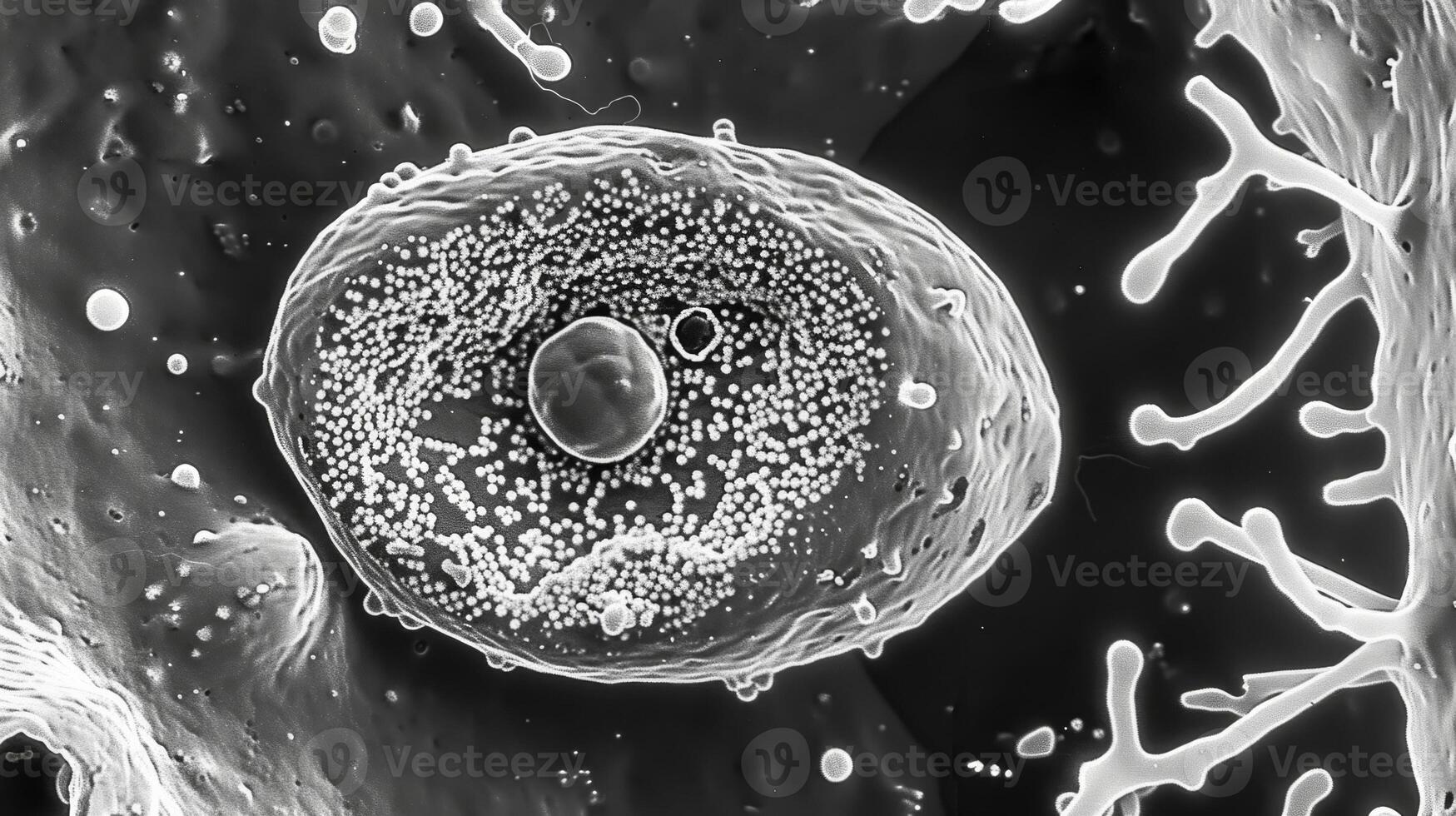 Electron micrograph of a white adipocyte showing its distinct large central lipid droplet and a small flattened nucleus pushed to the side photo