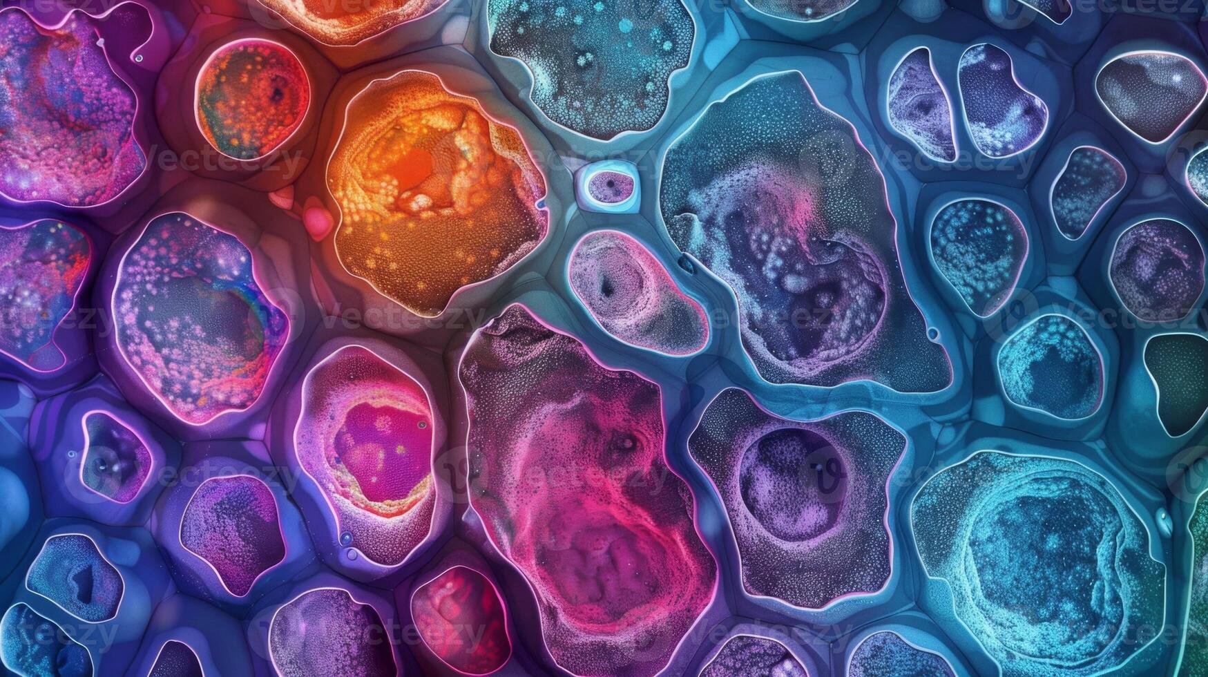 Brightly colored microscopic view of keratinocytes in the epidermis displaying their varied shapes and sizes photo