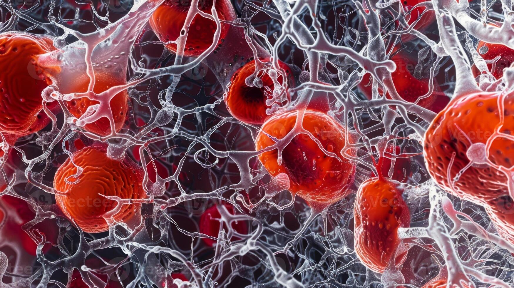 Differentiated cell precursors including erythrocytes leukocytes and platelets nestled a reticular fibers in the bone marrow photo