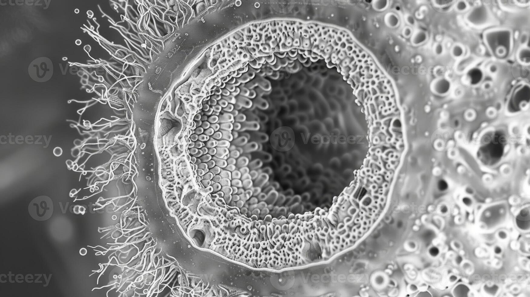 Electron microscopic view of a single nuclear pore showing its intricate structure and circular shape photo