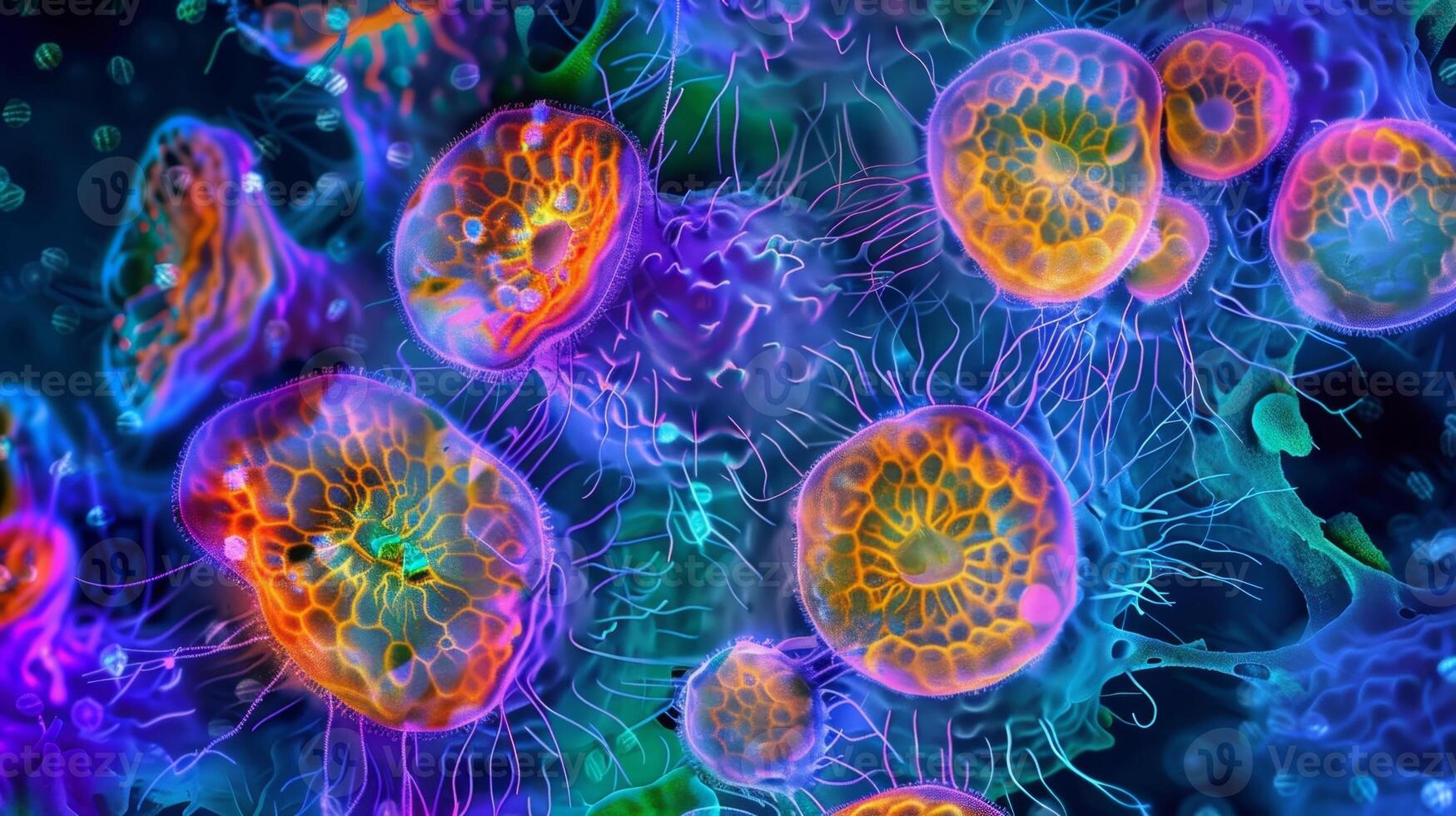 A brightly colored confocal microscope image showing synovial cells with their distinct round nuclei and branching cytoplasmic extensions photo