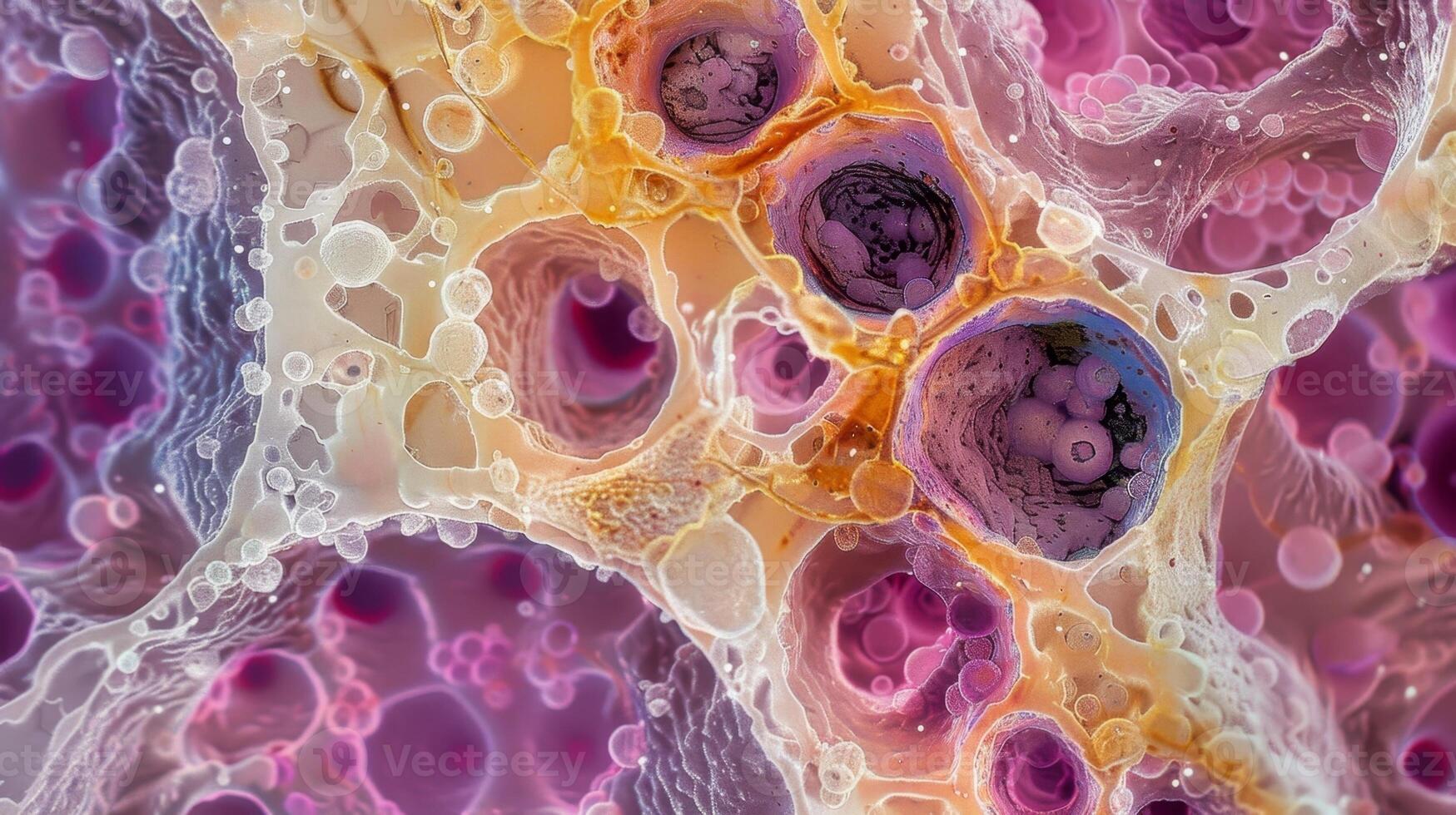 A crosssectional view of bone marrow tissue with tered s of hematopoietic stem cells visible in between adipose cells photo