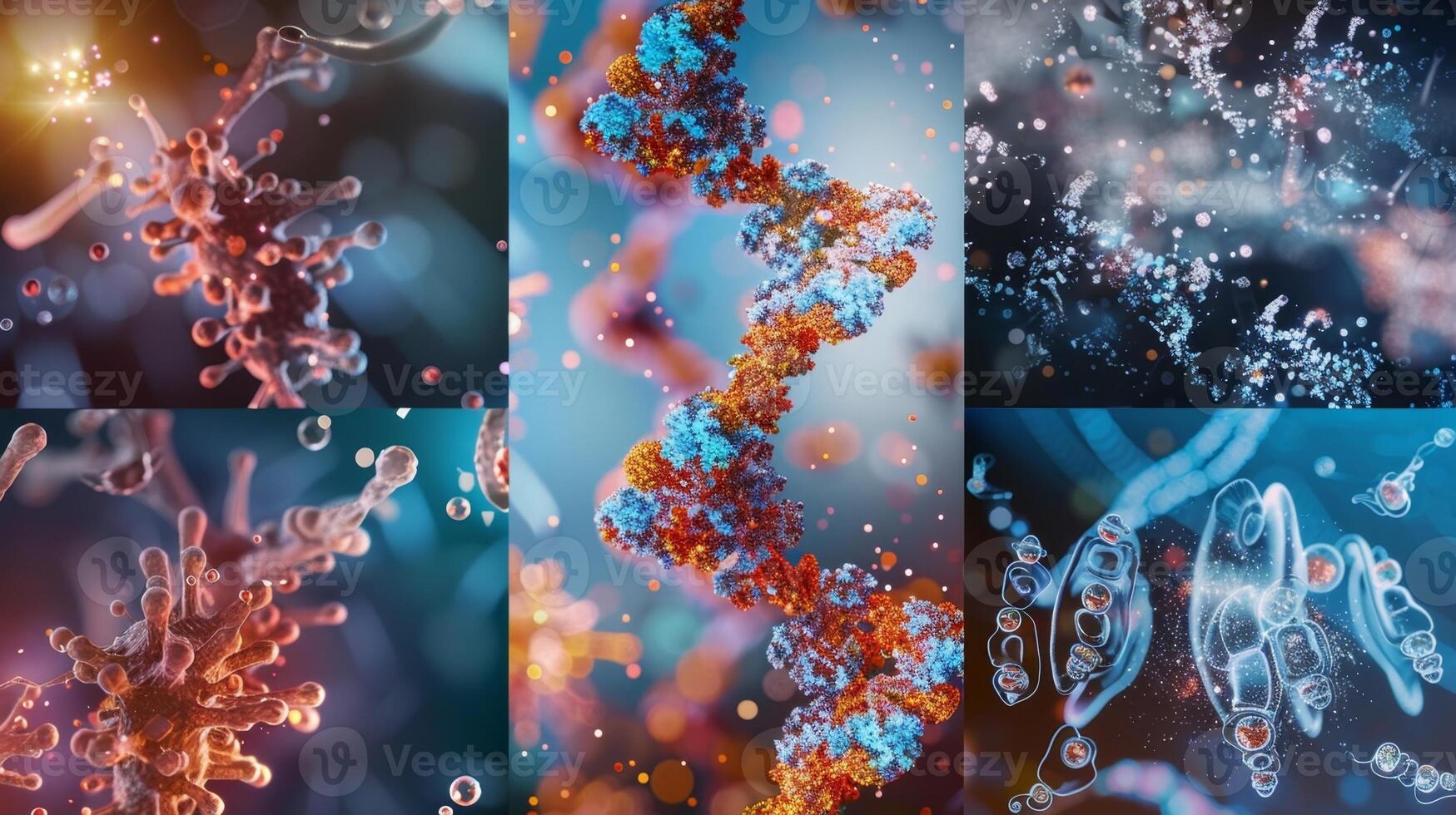 A collage of images displaying the different components involved in rie assembly including RNA proteins and other essential factors photo