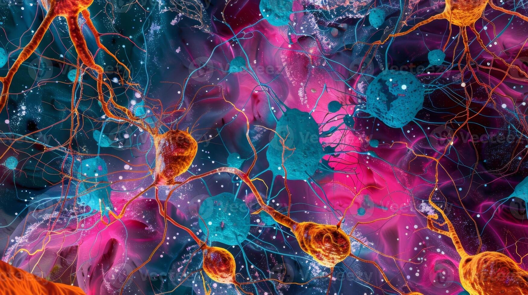 Vibrantly colored image showcasing the intricate network of glial cells in the brain highlighting their important supportive role photo