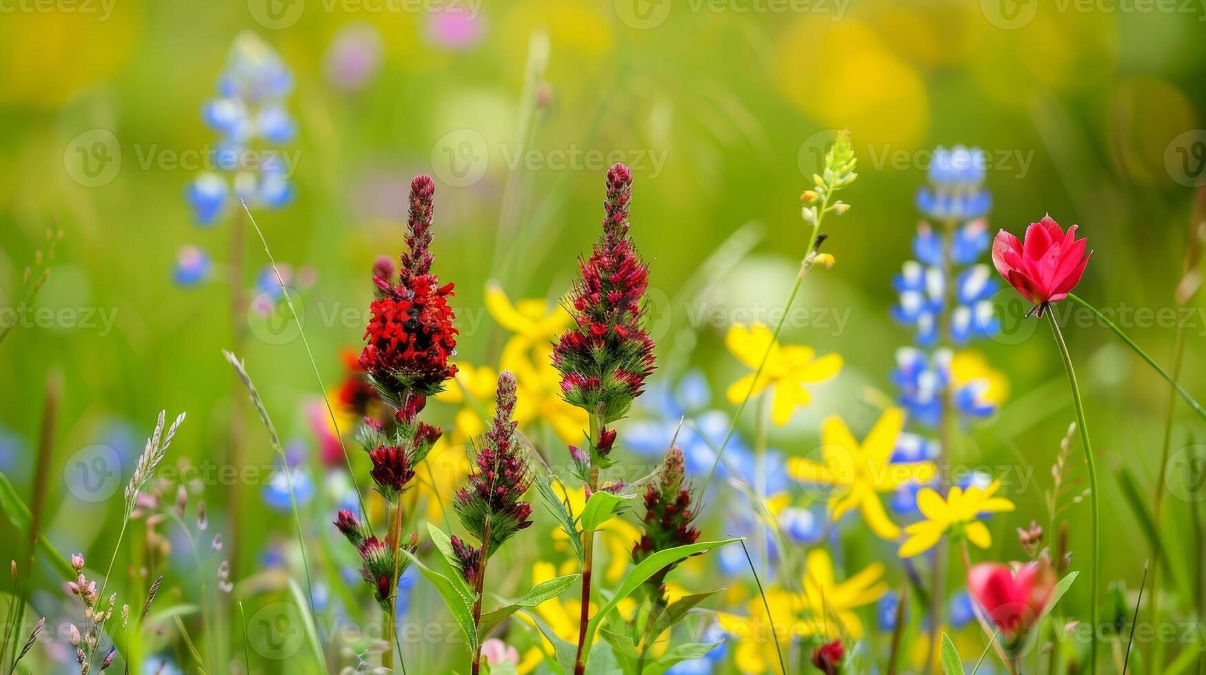 A hidden gem of a wildflower meadow containing an abundance of delicate yellow blue and red blooms photo