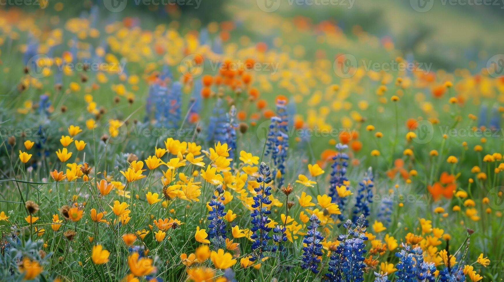 A tranquil field b with a diverse mix of yellow orange and blue wildflowers photo