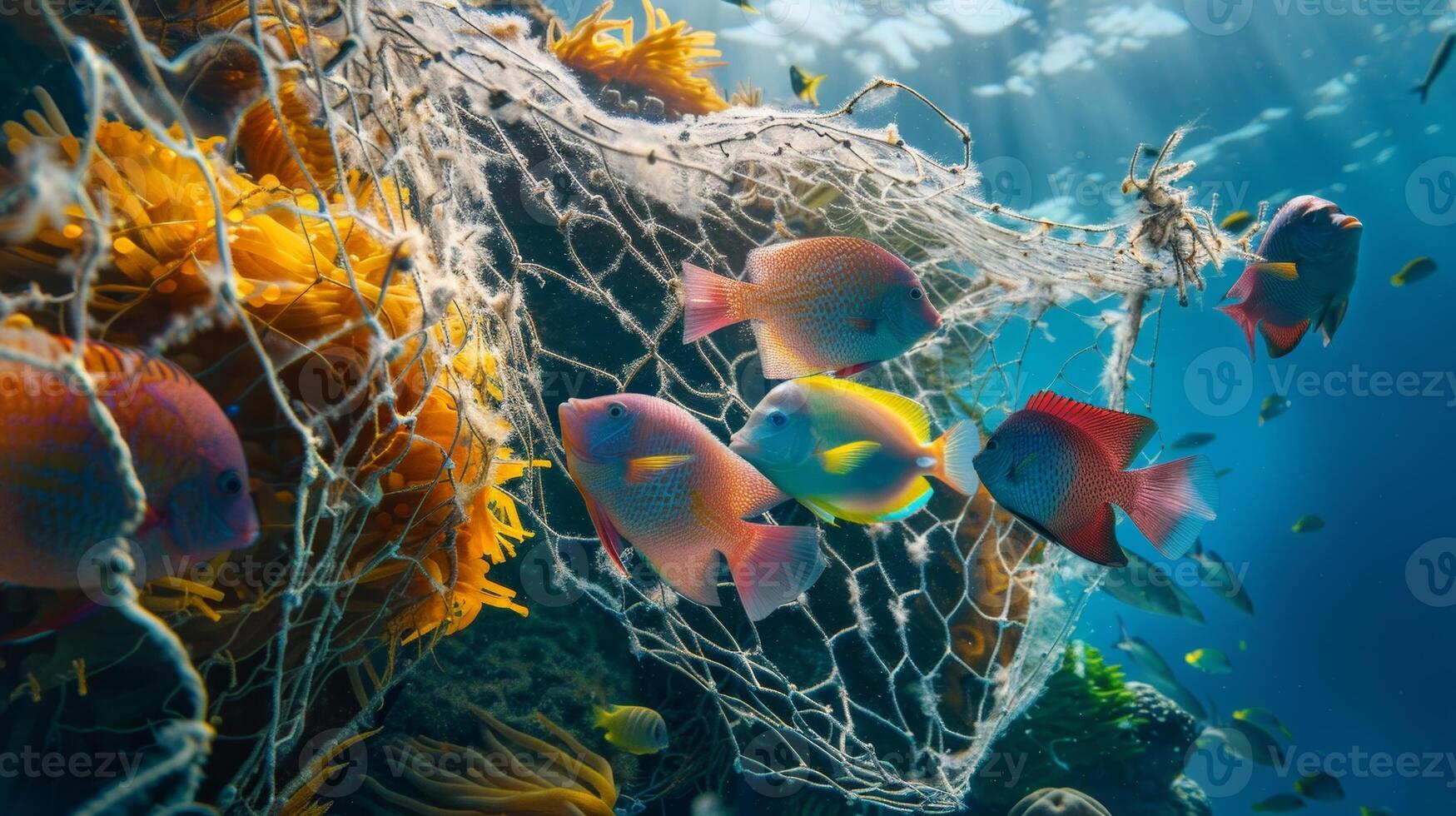 A colorful underwater scene with several fish swimming a biodegradable fishing nets photo