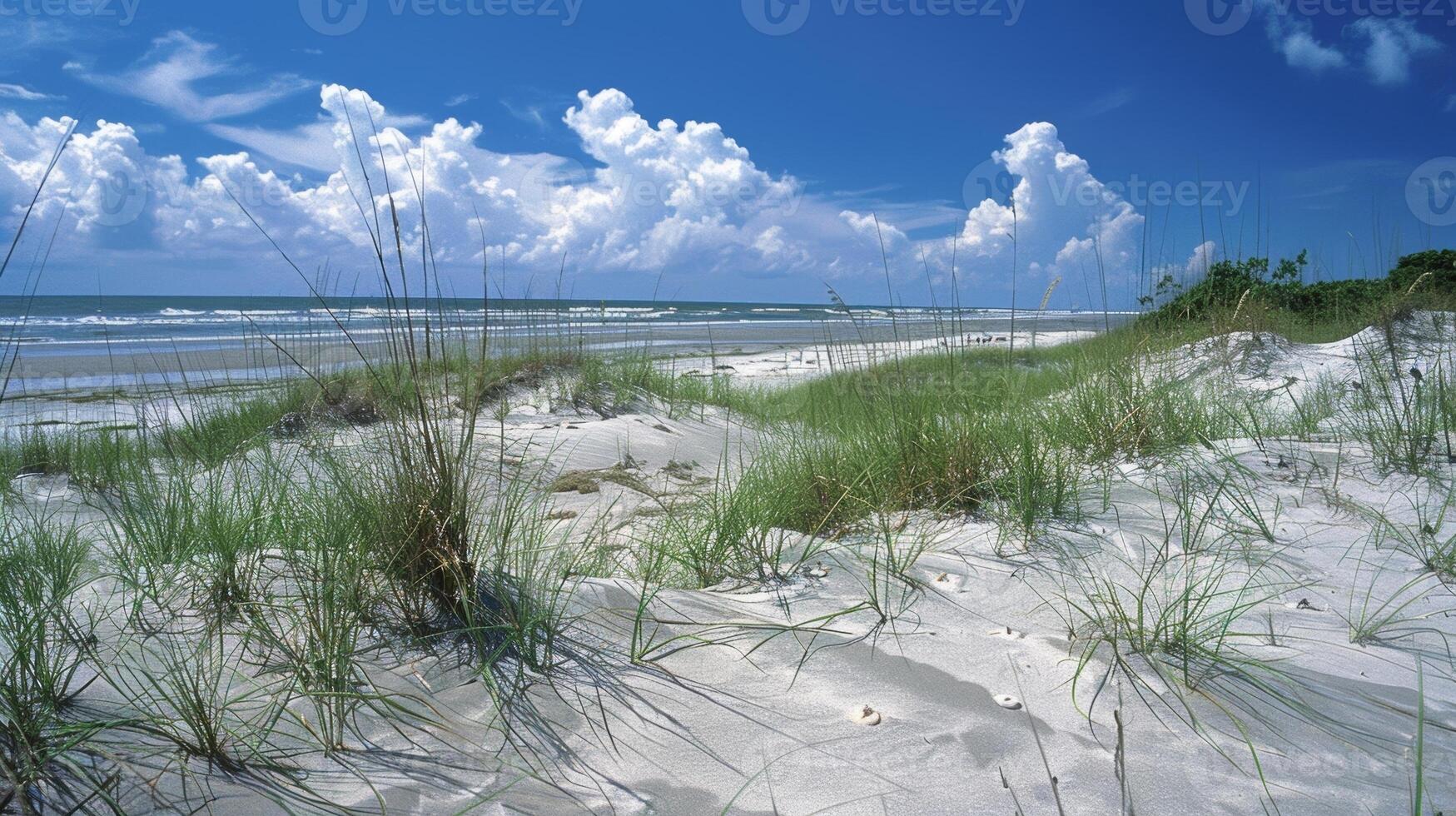 A sandy beach with dunes and seagrass providing nesting grounds for sea turtles and refuge for shorebirds photo