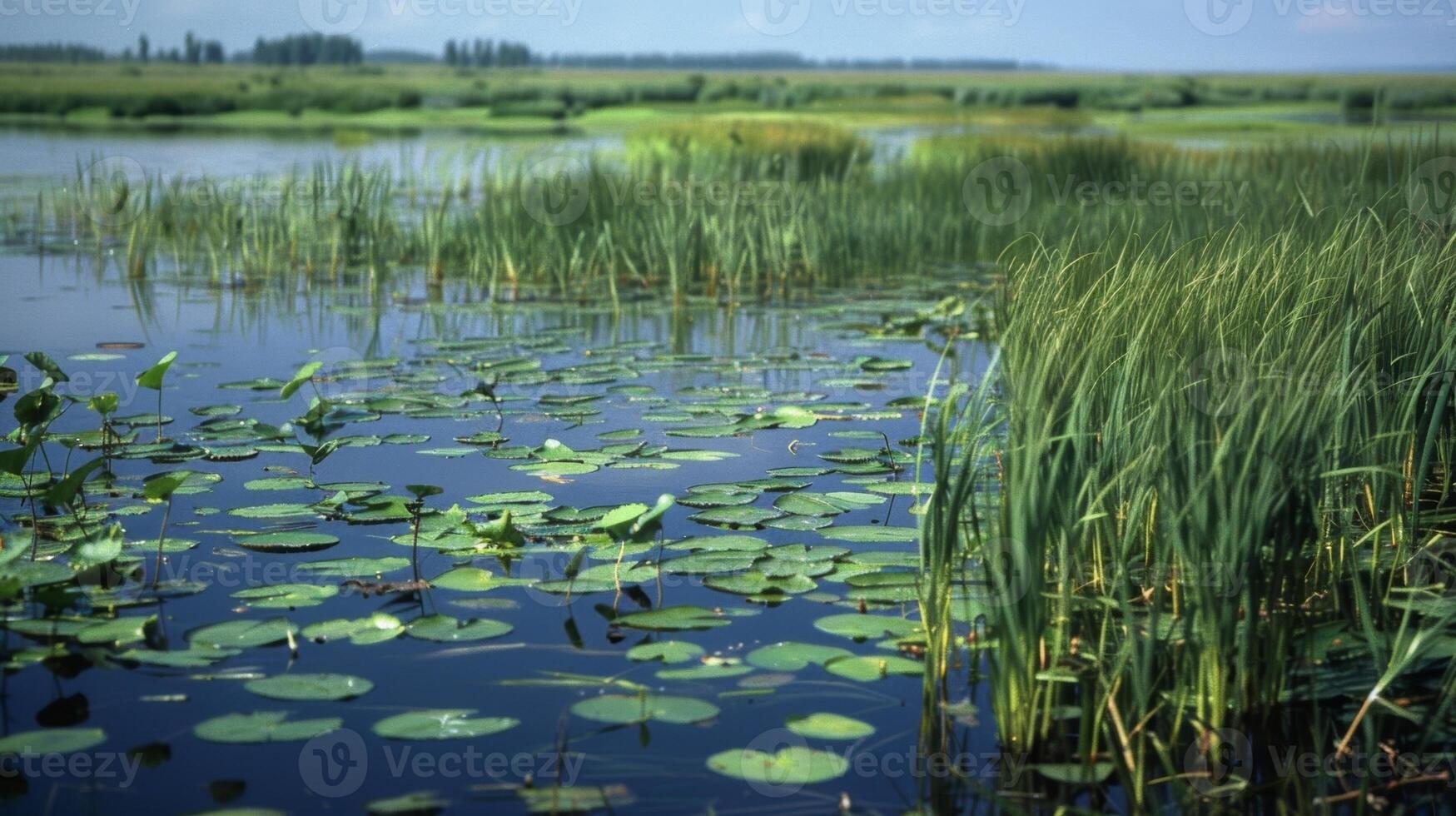 A vast expanse of wetlands with cattails and lily pads attracting a variety of waterfowl amphibians and reptiles photo