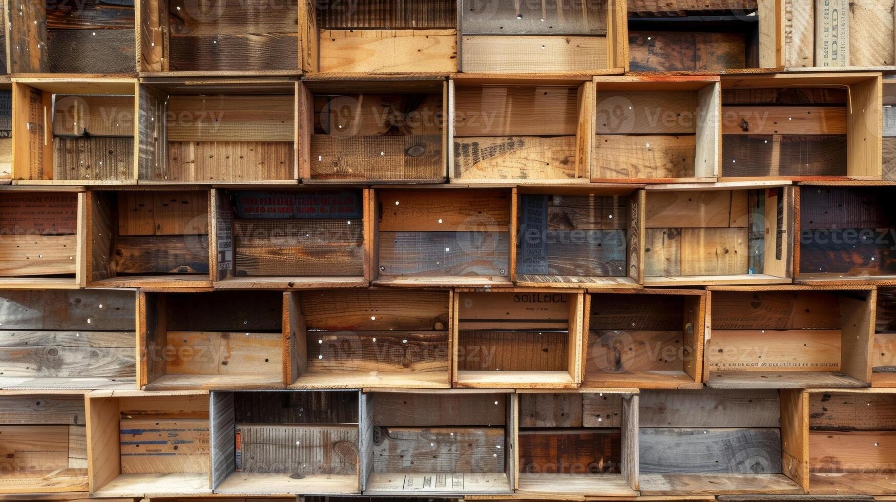 A pile of discarded wooden pallets repurposed into a oneofakind bookshelf photo