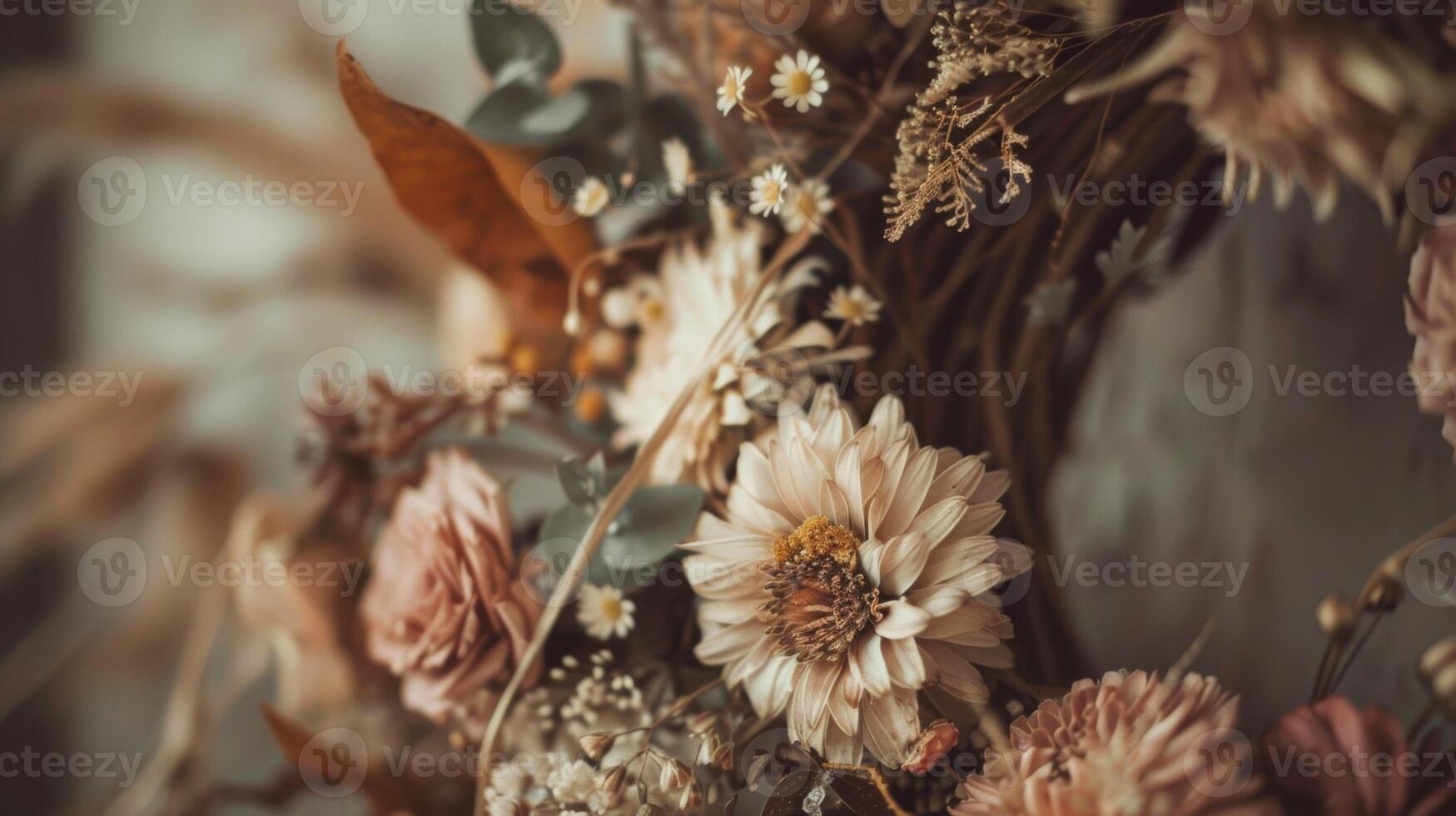 A wreath of dried flowers and eucalyptus leaves perfect for a bohochic decor photo