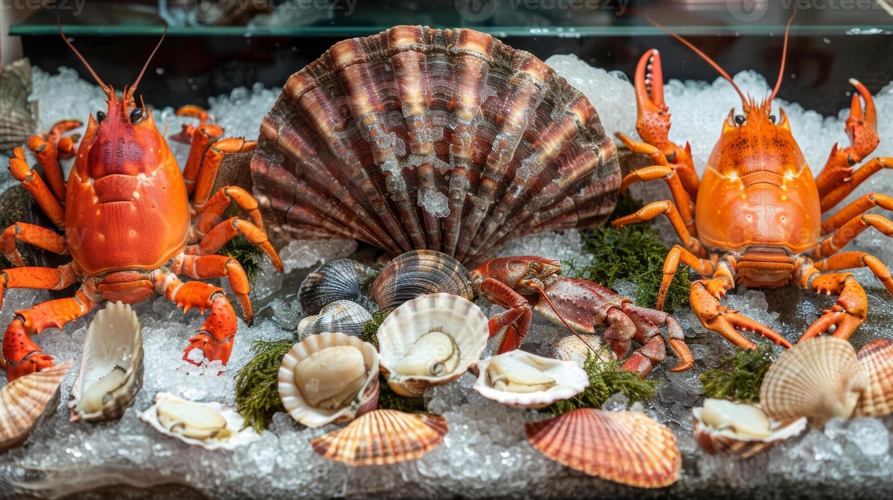 A display featuring a range of responsibly caught shellfish including scallops crab and lobster photo