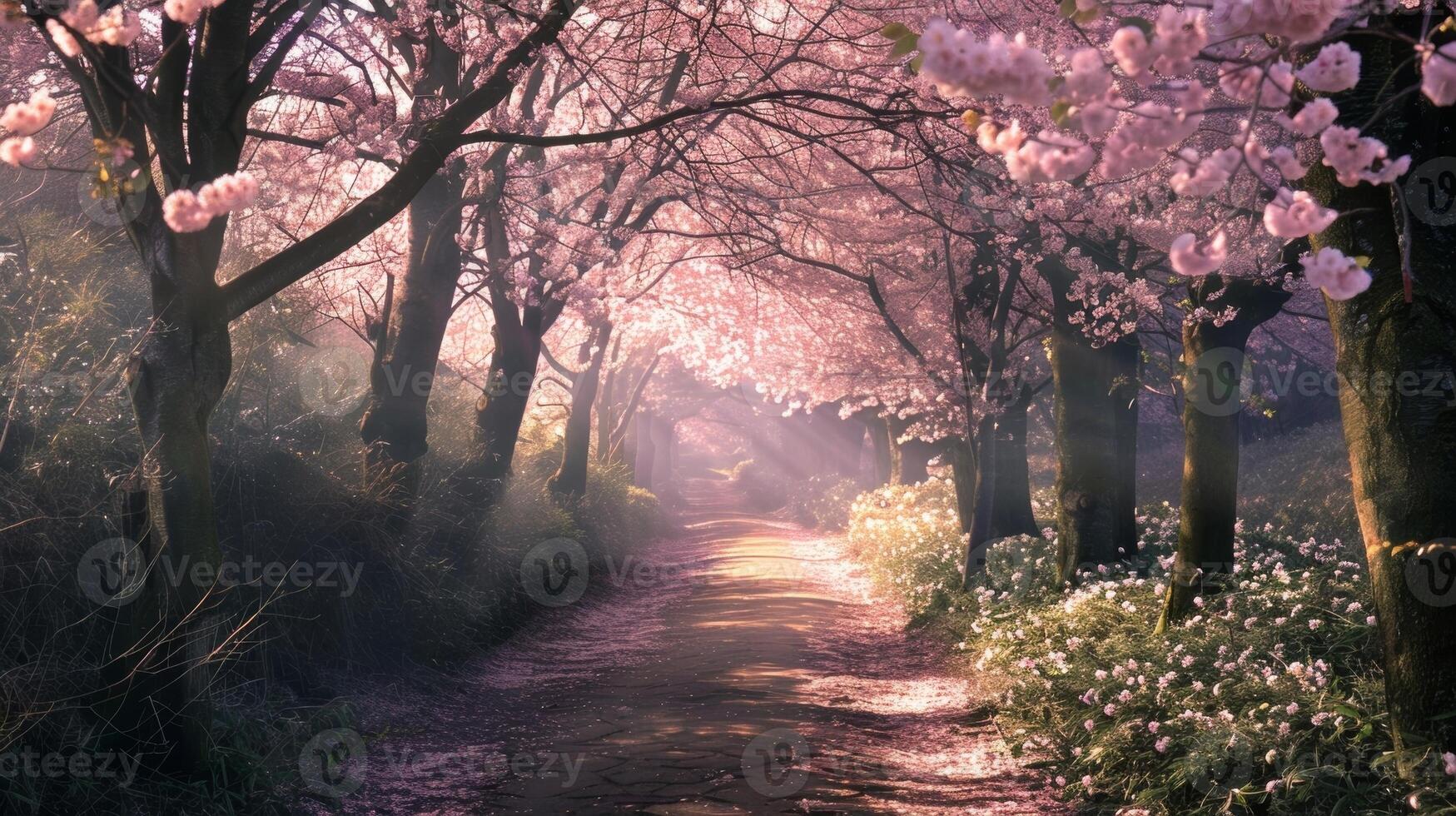 The pathway is lined with towering trees their branches full of delicate leaves and fragrant flowers photo