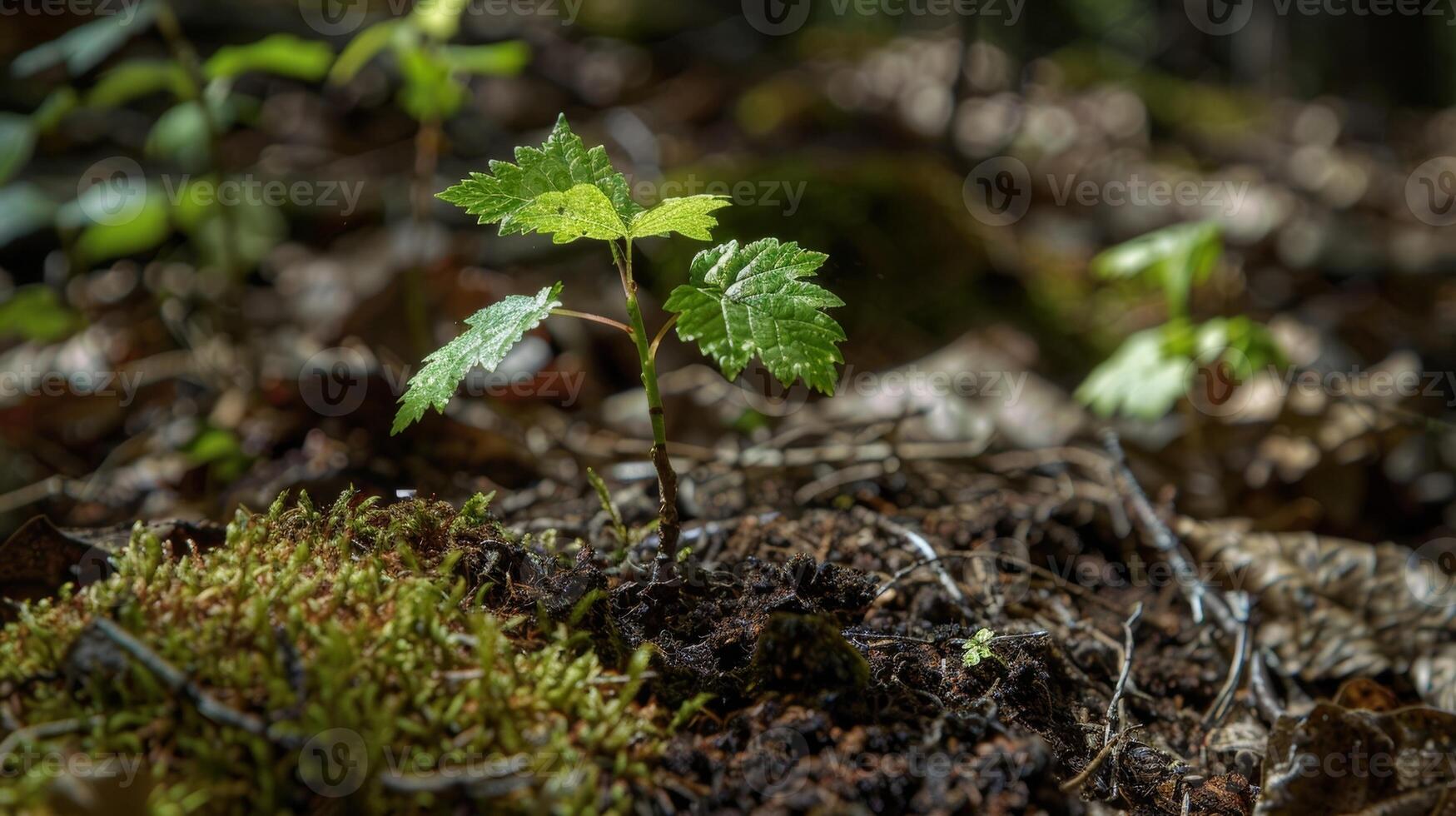 A small but determined tree sapling pushing its way through the soil towards the sunlight photo