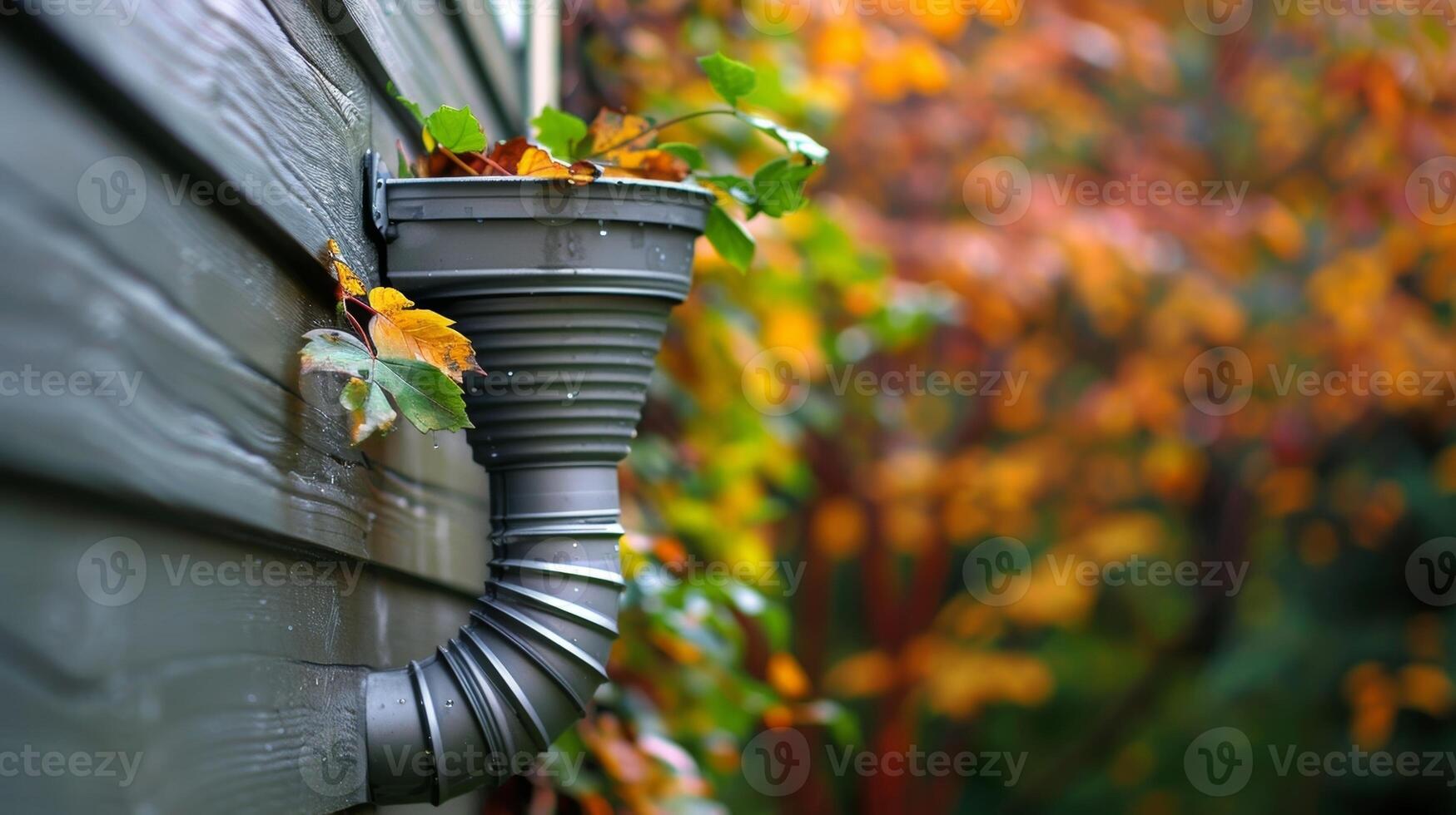 A closeup of a downspout on the side of a house reveals a filter attached to the end designed to catch leaves and debris before the rainwater enters a designated storage tank photo