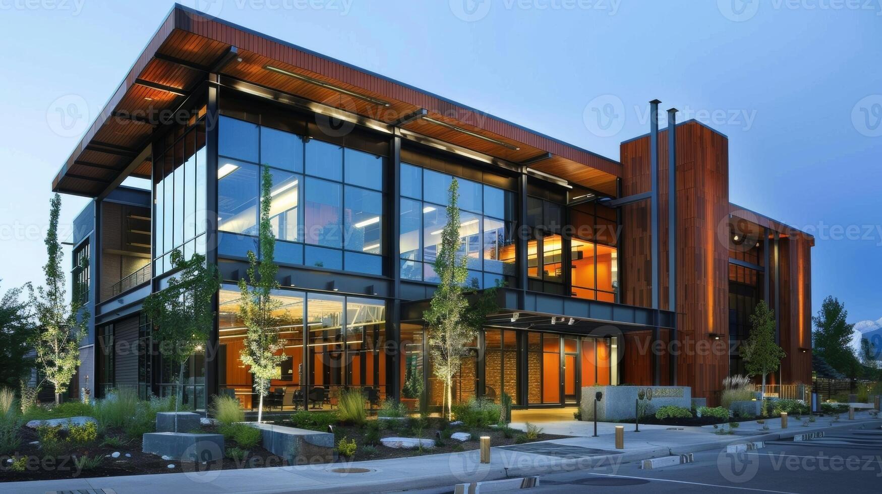 A sleek and modern office building constructed with recycled steel and salvaged wood proving that sustainable materials can also be stylish photo
