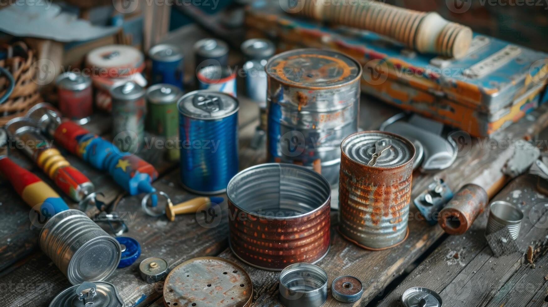 A set of musical instruments crafted from repurposed materials such as tin cans and recycled plastics photo