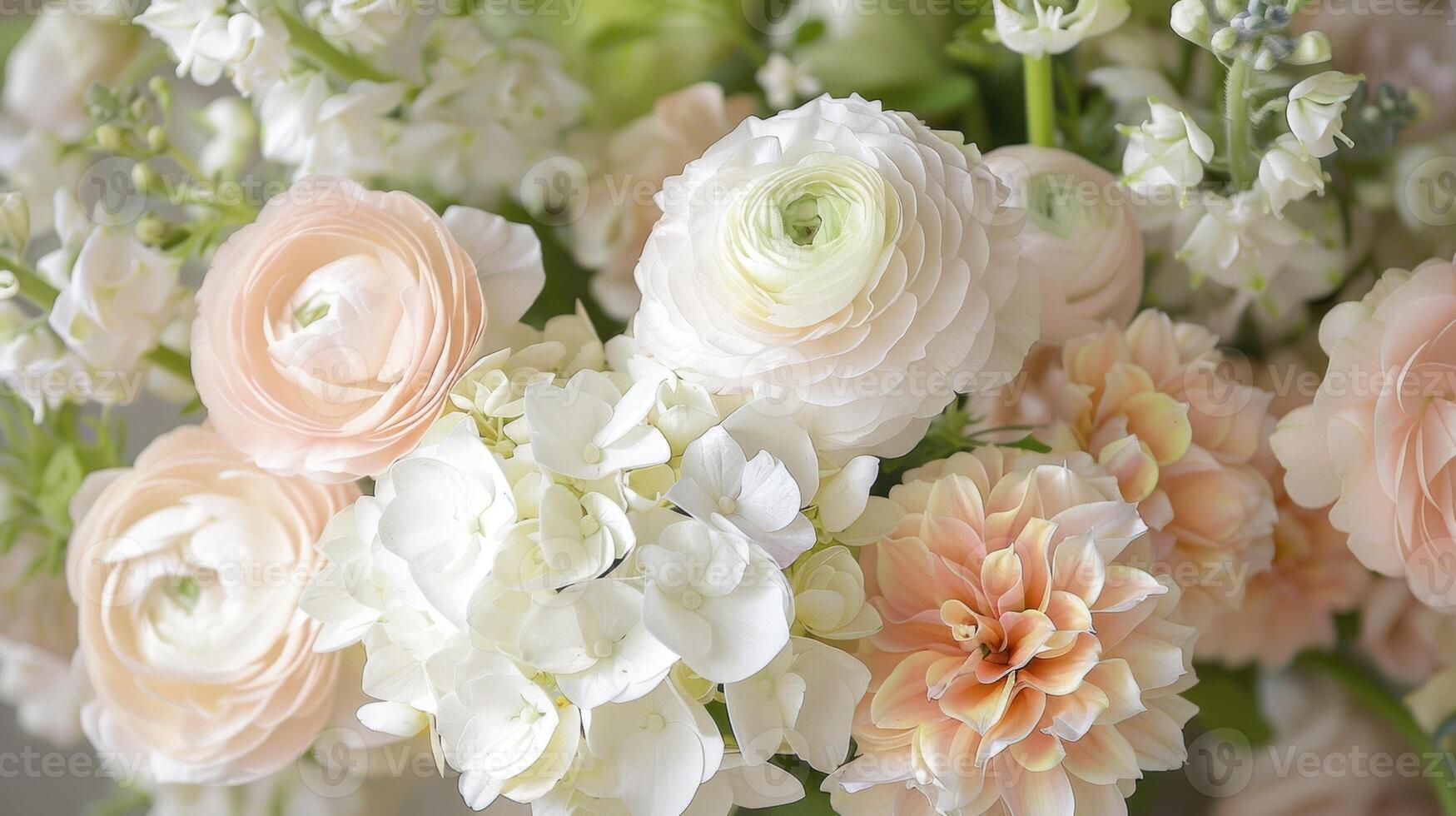 A delicate bouquet of ranunculus hydrangeas and delphiniums exuding a soft and romantic vibe photo
