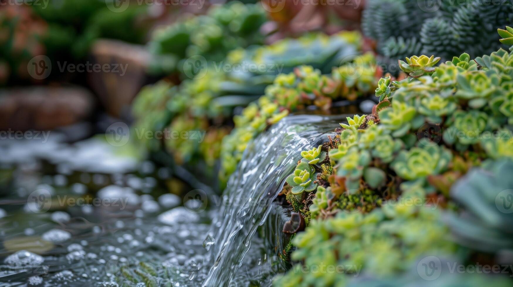 A bed of lush green succulents thriving in the minimal water provided by a small trickle fountain photo