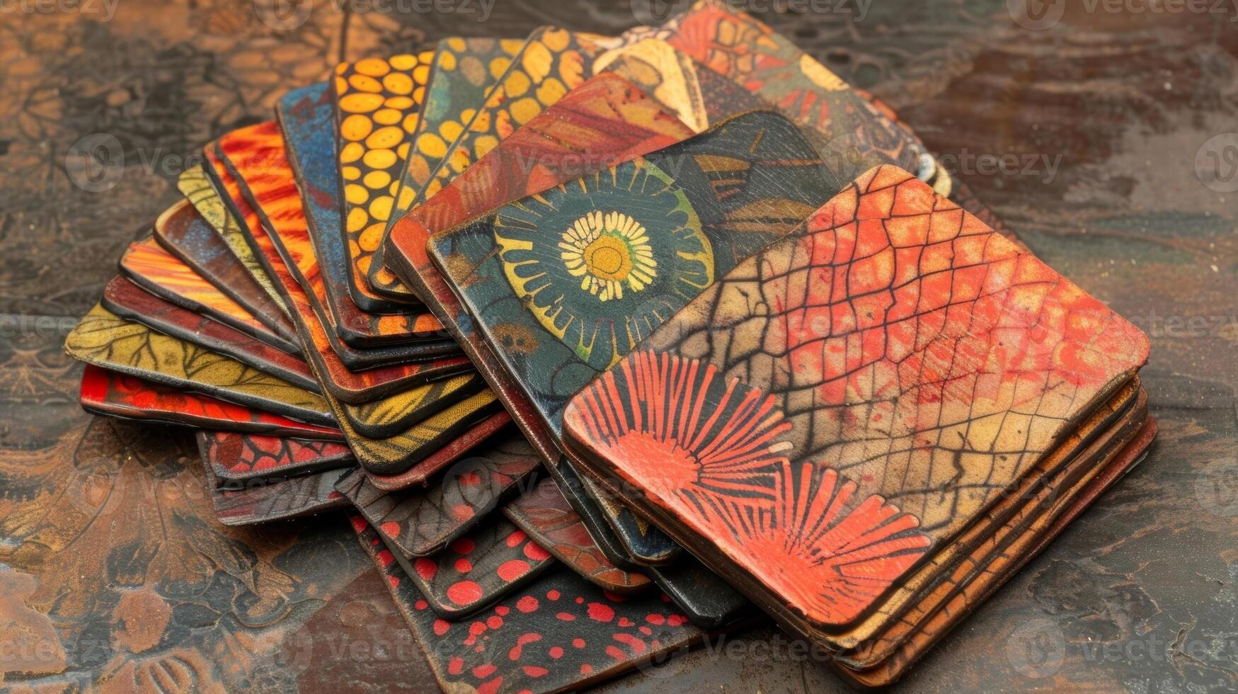 A set of coasters made from flattened and dyed recycled paper featuring unique patterns and colors photo