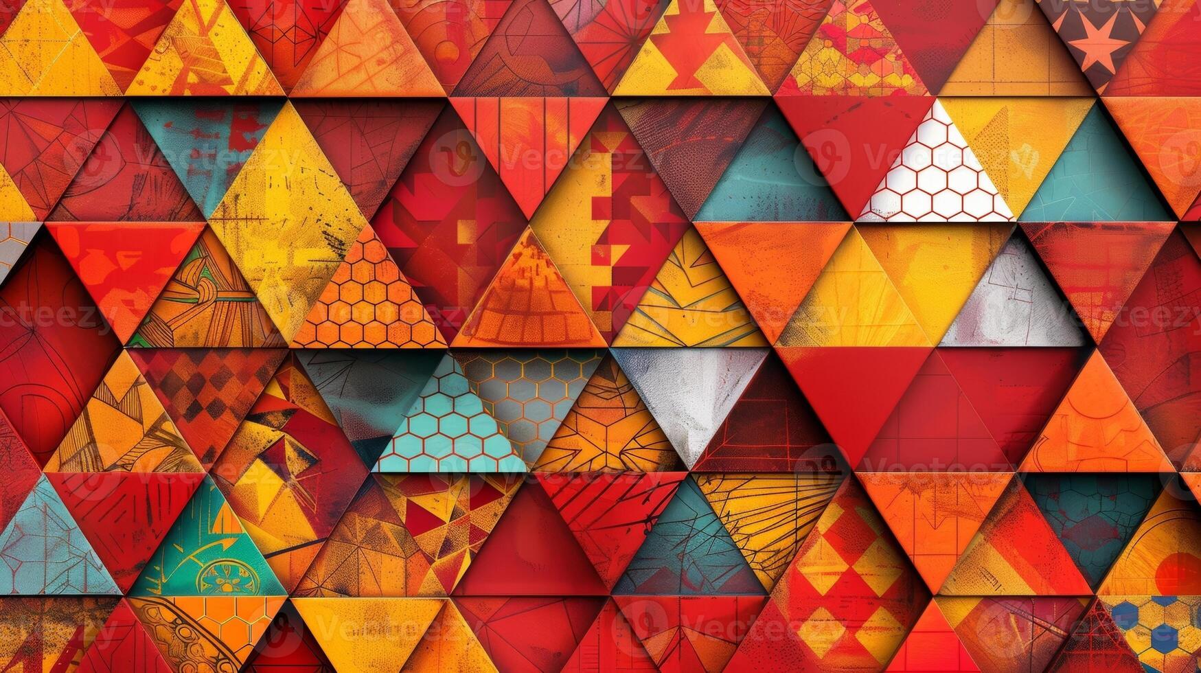 Geometric Patchwork A mix of triangular square and hexagonal tiles in vibrant hues of red orange and yellow creating a dynamic and bold patchwork pattern photo
