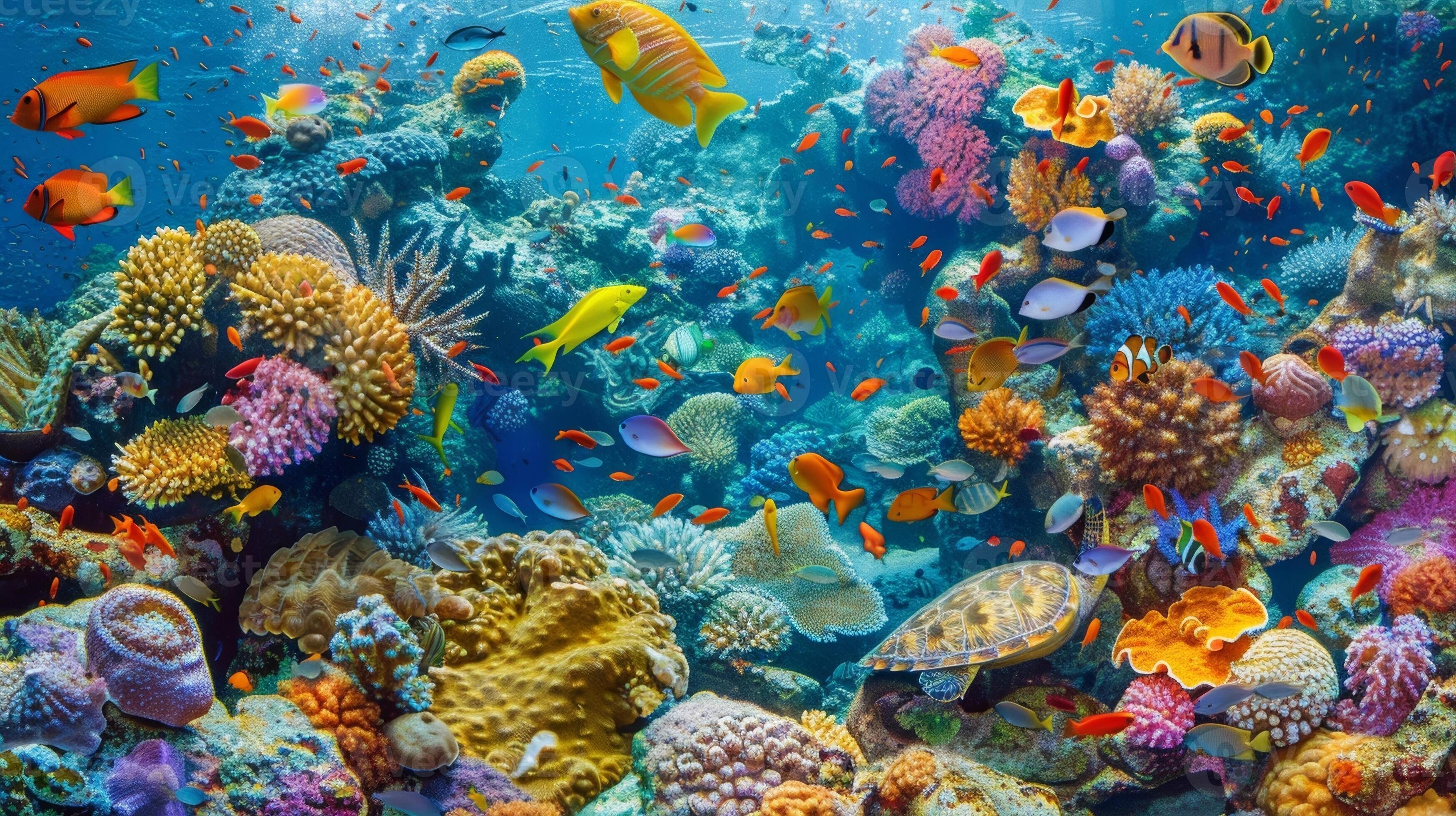 A colorful coral reef teeming with marine life including reef fish eels
