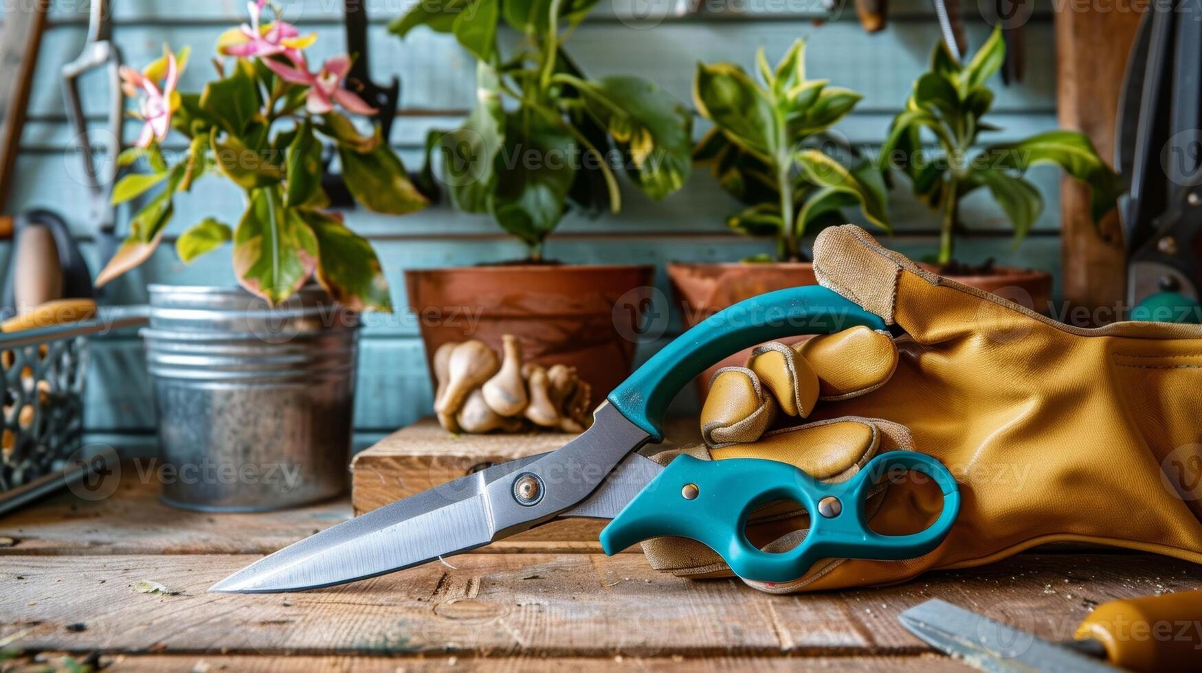 A set of ecofriendly pruning shears and a pair of compostable gardening gloves are neatly displayed on a workbench photo