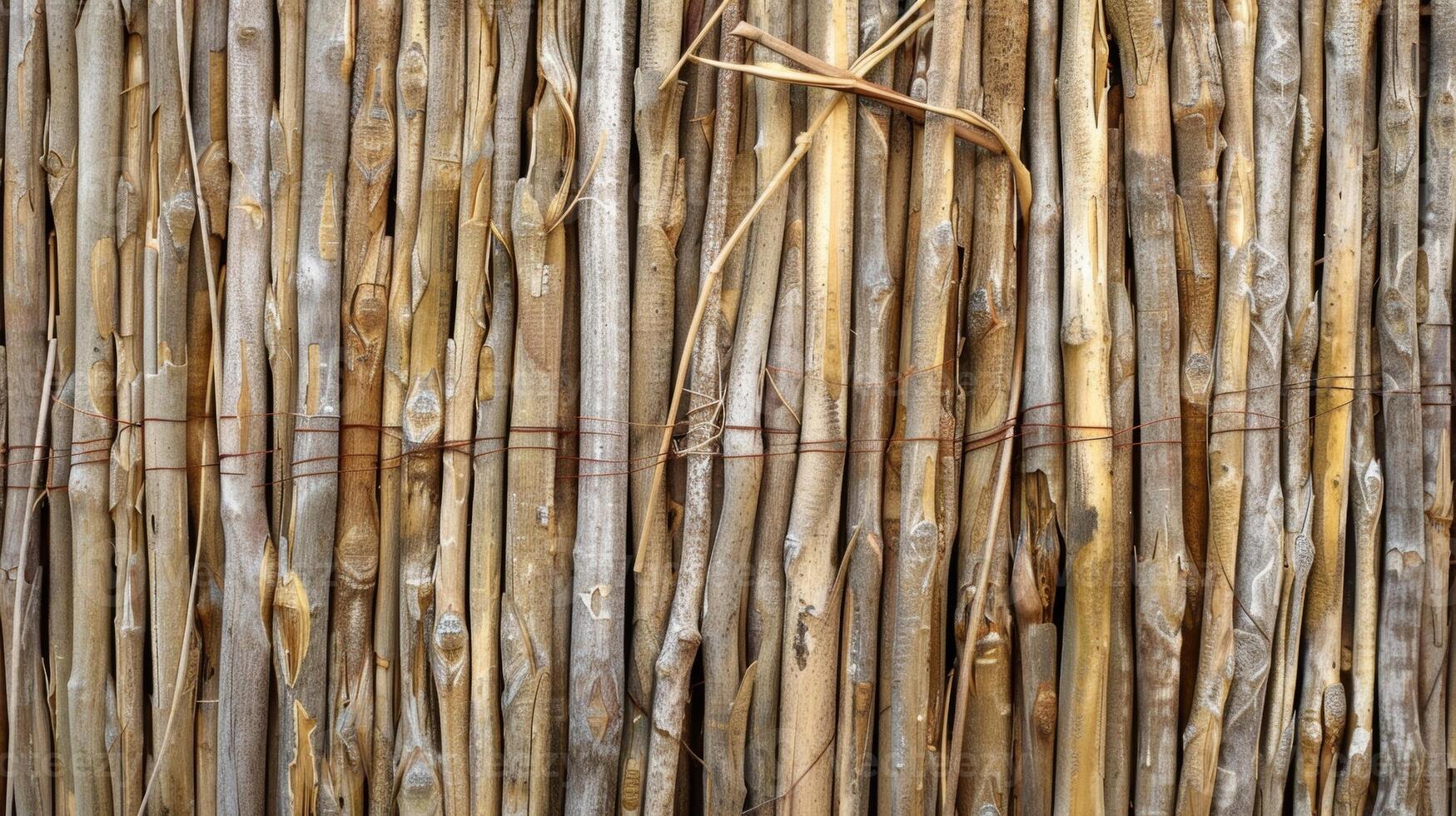 Natural earthy texture of interwoven reeds and twigs with small gaps adding depth and dimension photo