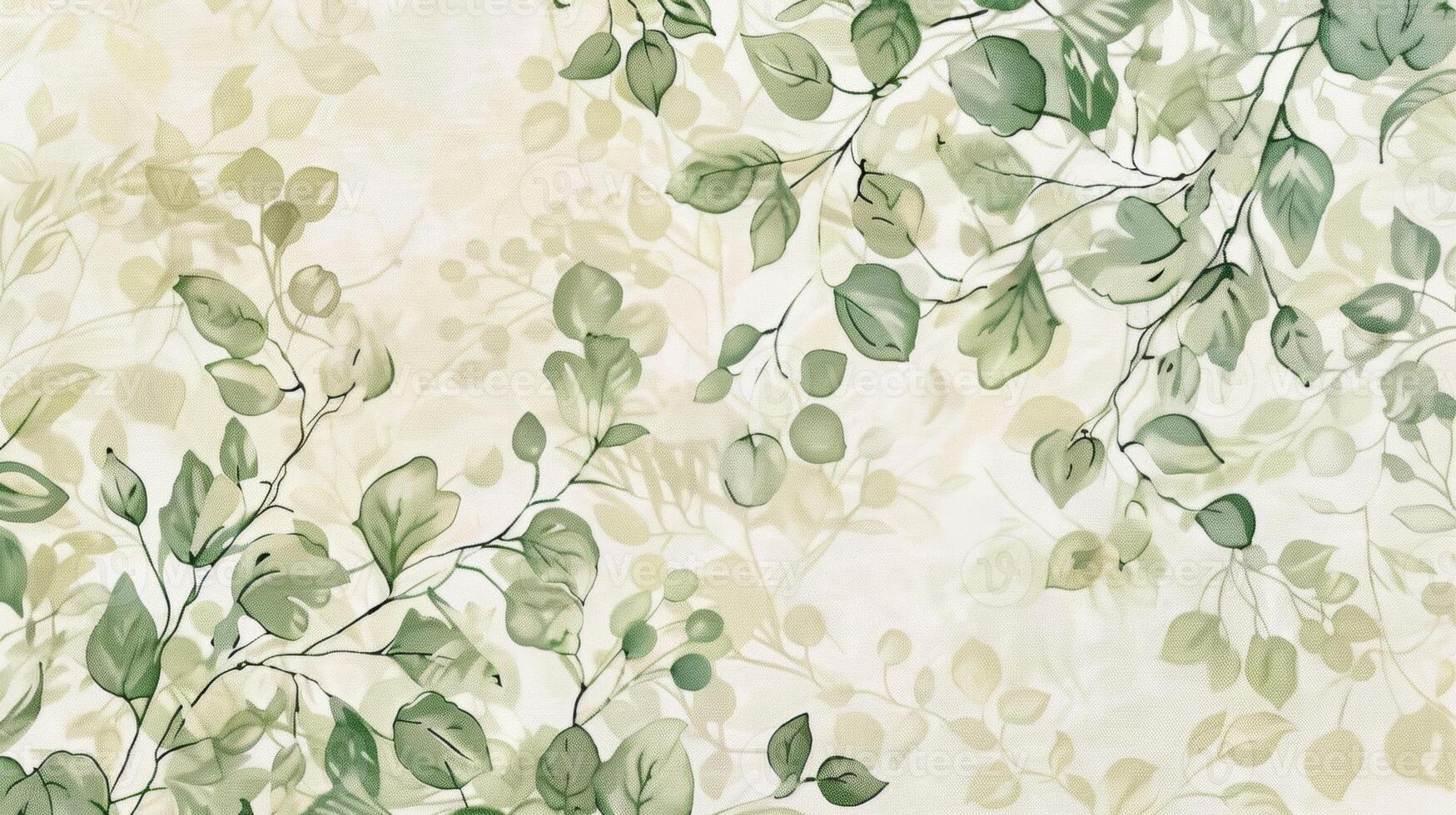 With a closeup view one can see the smooth and soft texture of this patterned fabric wallpaper featuring delicate vines and leaves in shades of green and cream photo